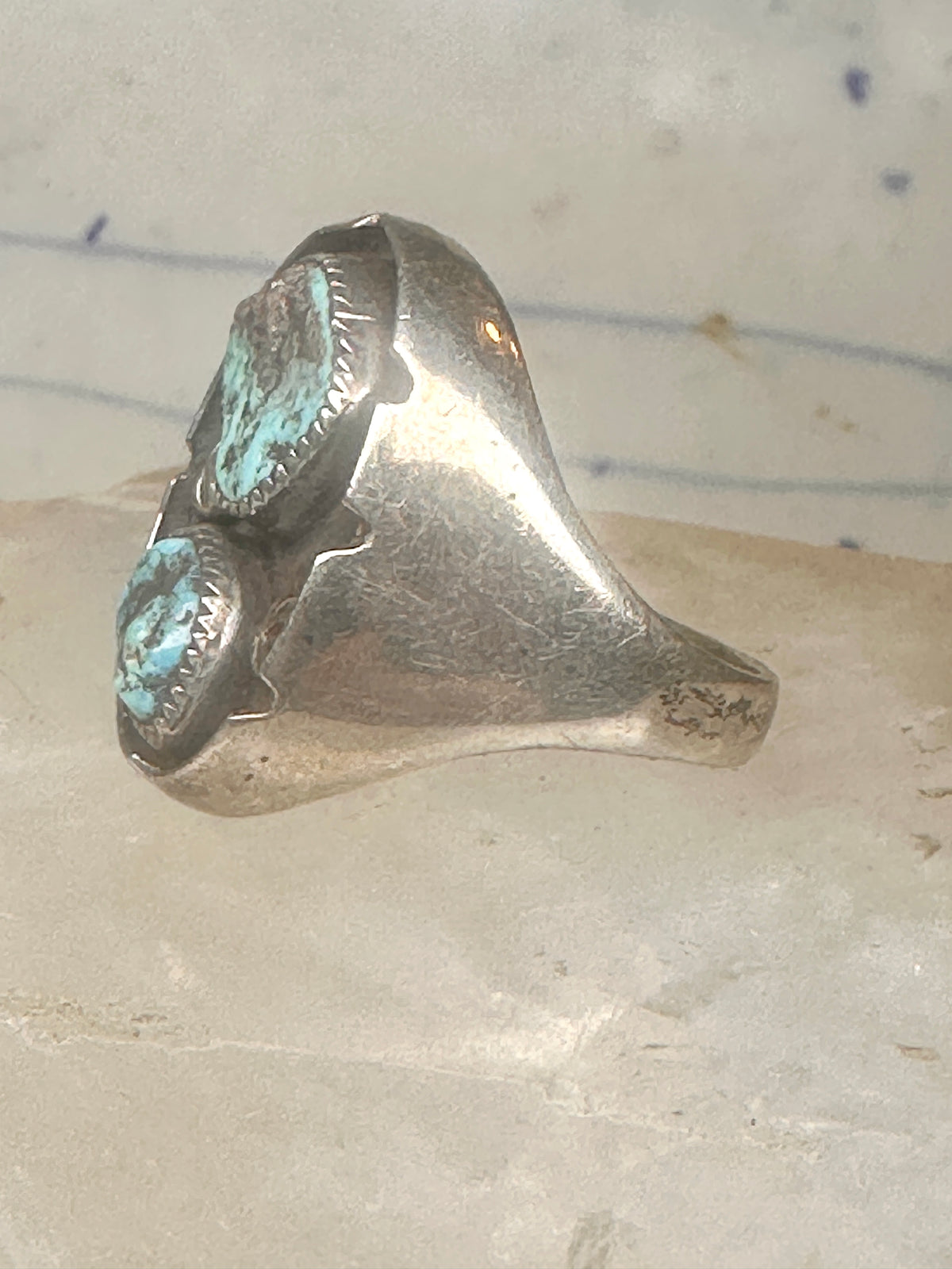 Vintage Navajo Southwestern Sterling Silver Two Stone Turquoise Starburst Shield Ring Size 10 925