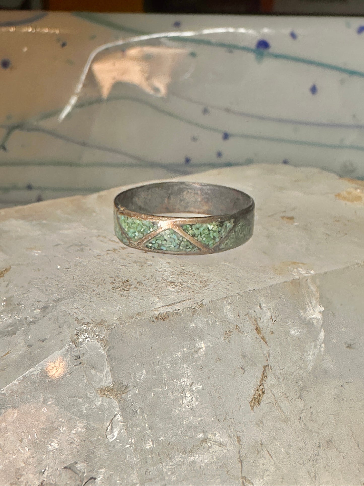 Vintage Zuni wedding band turquoise chips size 10.75 band sterling silver women men