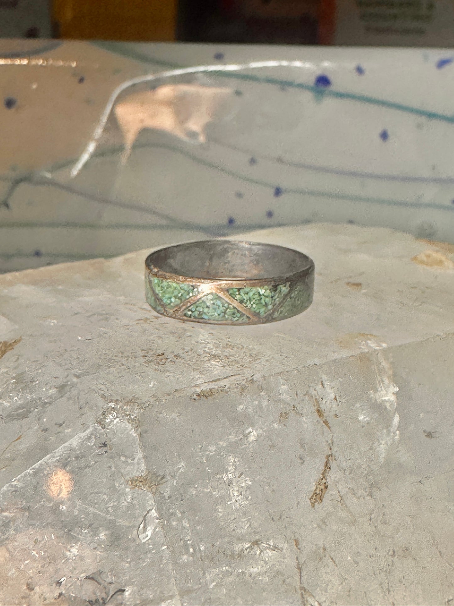 Vintage Zuni wedding band turquoise chips size 10.75 band sterling silver women men