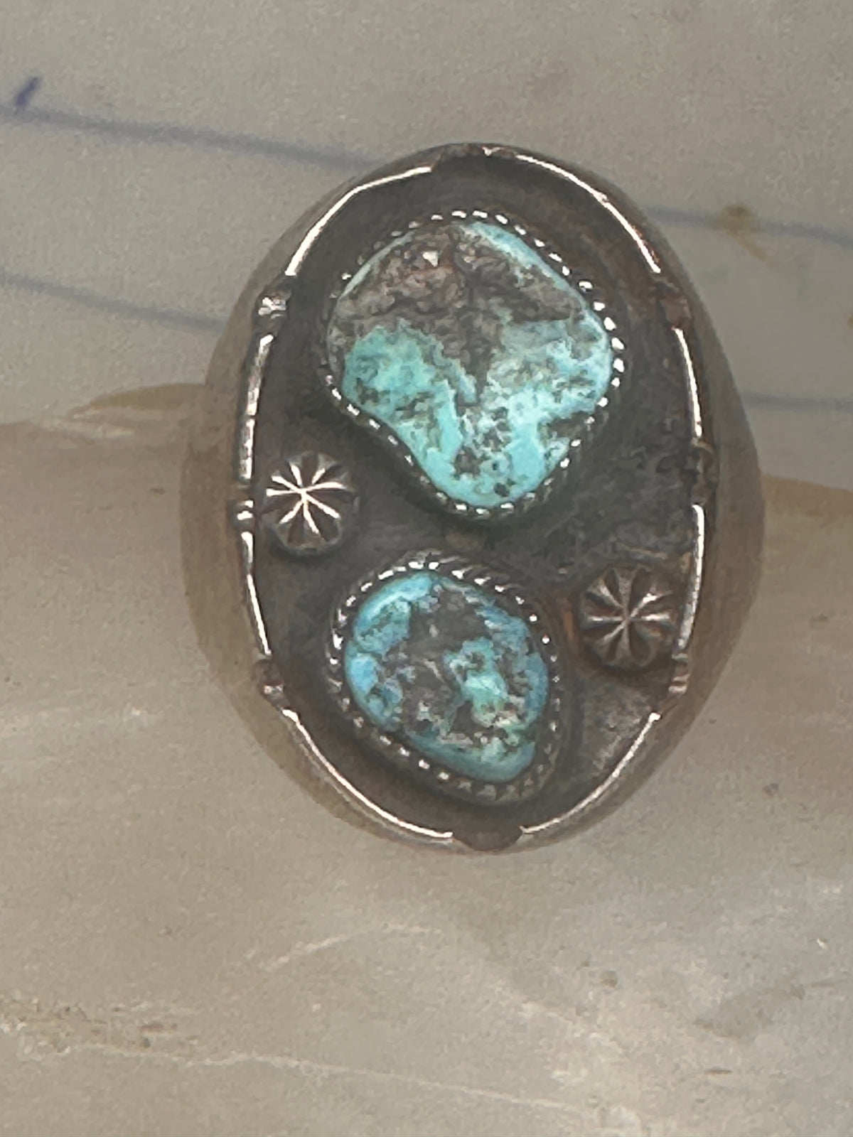 Vintage Navajo Southwestern Sterling Silver Two Stone Turquoise Starburst Shield Ring Size 10 925