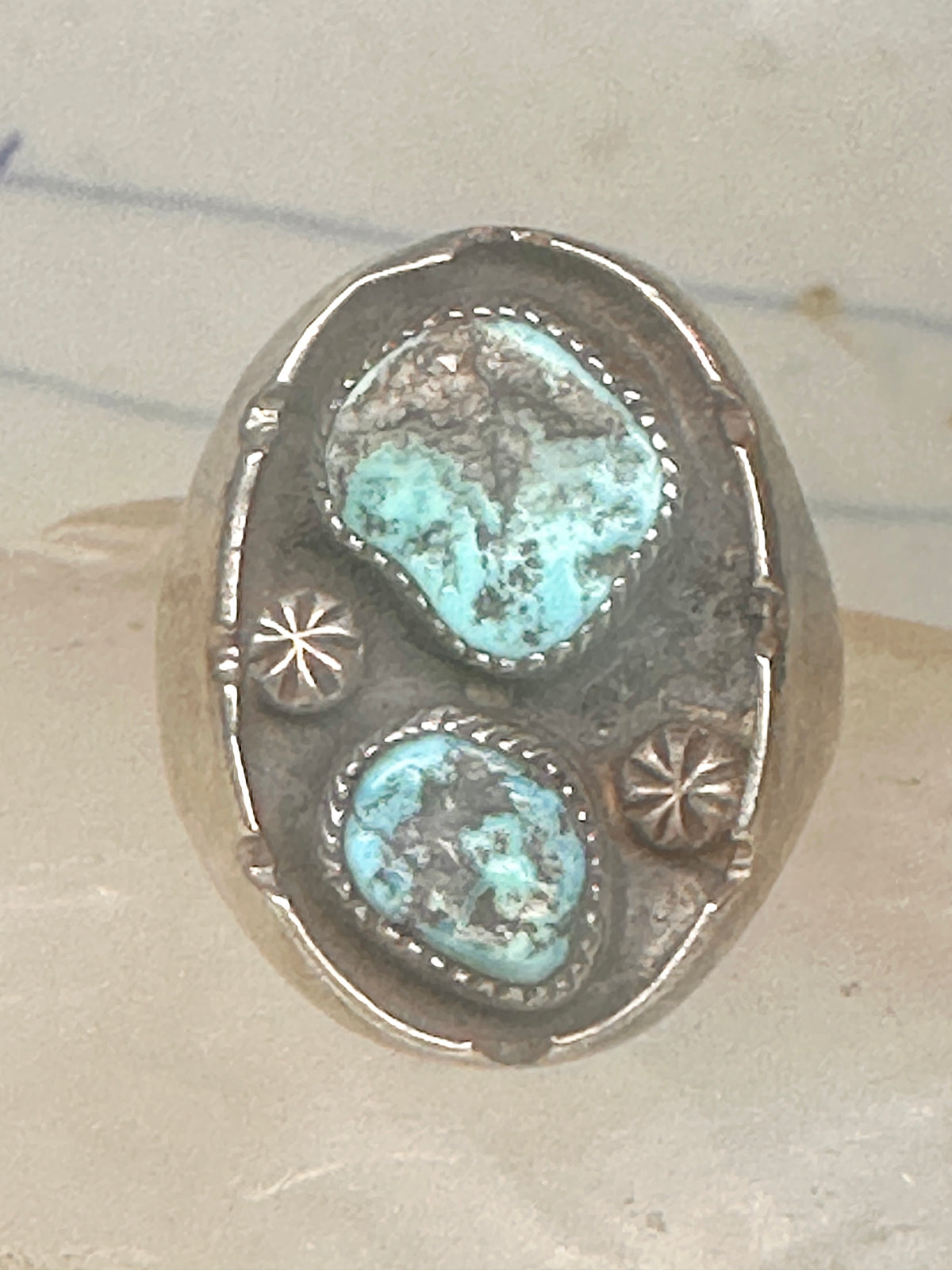 Vintage Navajo Southwestern Sterling Silver Two Stone Turquoise Starburst Shield Ring Size 10 925