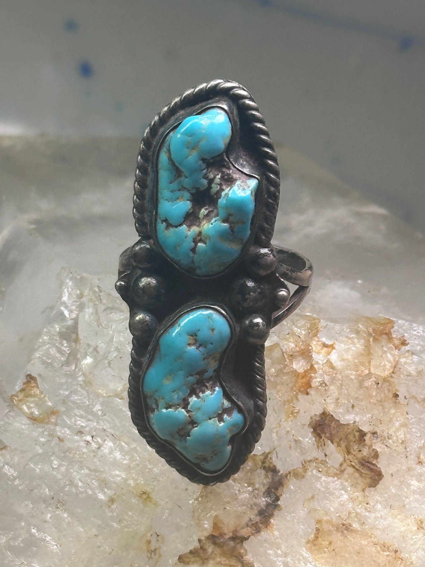Long Turquoise ring Navajo Vintage size 11.50 sterling silver women