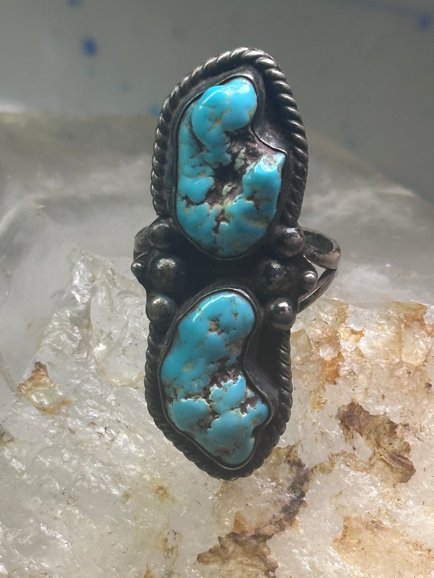 Long Turquoise ring Navajo Vintage size 11.50 sterling silver women