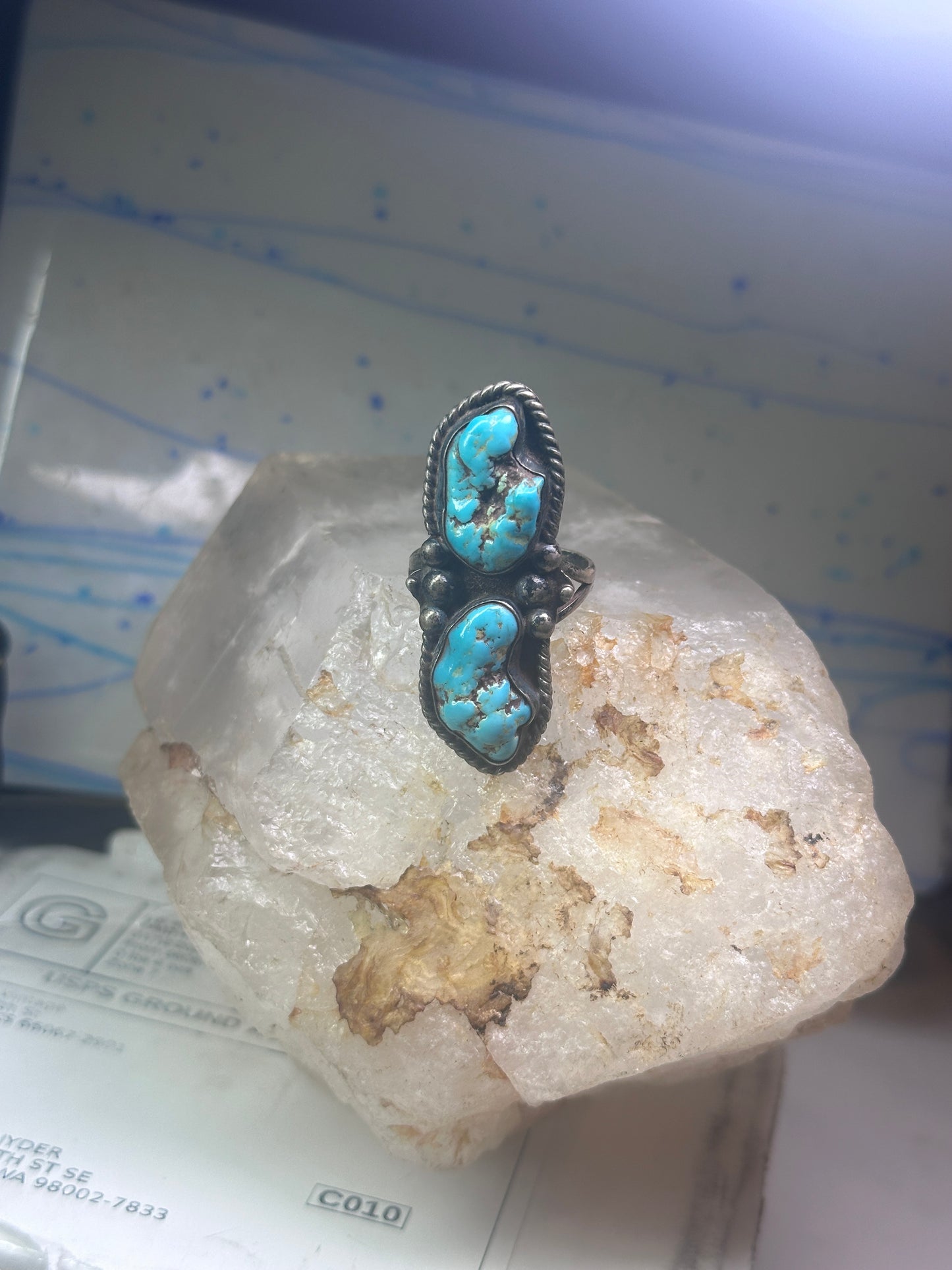 Long Turquoise ring Navajo Vintage size 11.50 sterling silver women