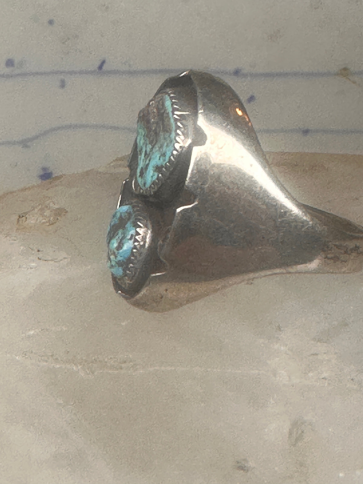 Vintage Navajo Southwestern Sterling Silver Two Stone Turquoise Starburst Shield Ring Size 10 925