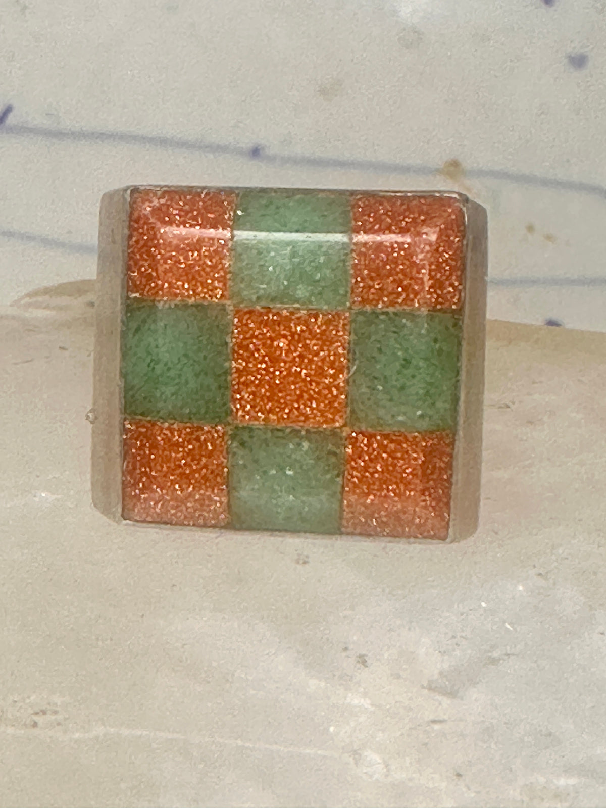 Vintage Southwestern Sterling Silver Goldstone Green Jade Checkerboard Signet Ring Size 10 925
