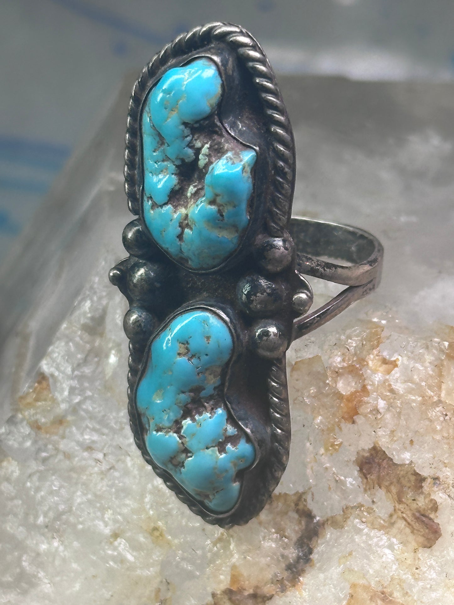 Long Turquoise ring Navajo Vintage size 11.50 sterling silver women