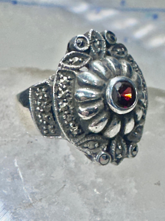 Art Deco ring marcasite band garnet Solid band Size 4.50 sterling silver women girls