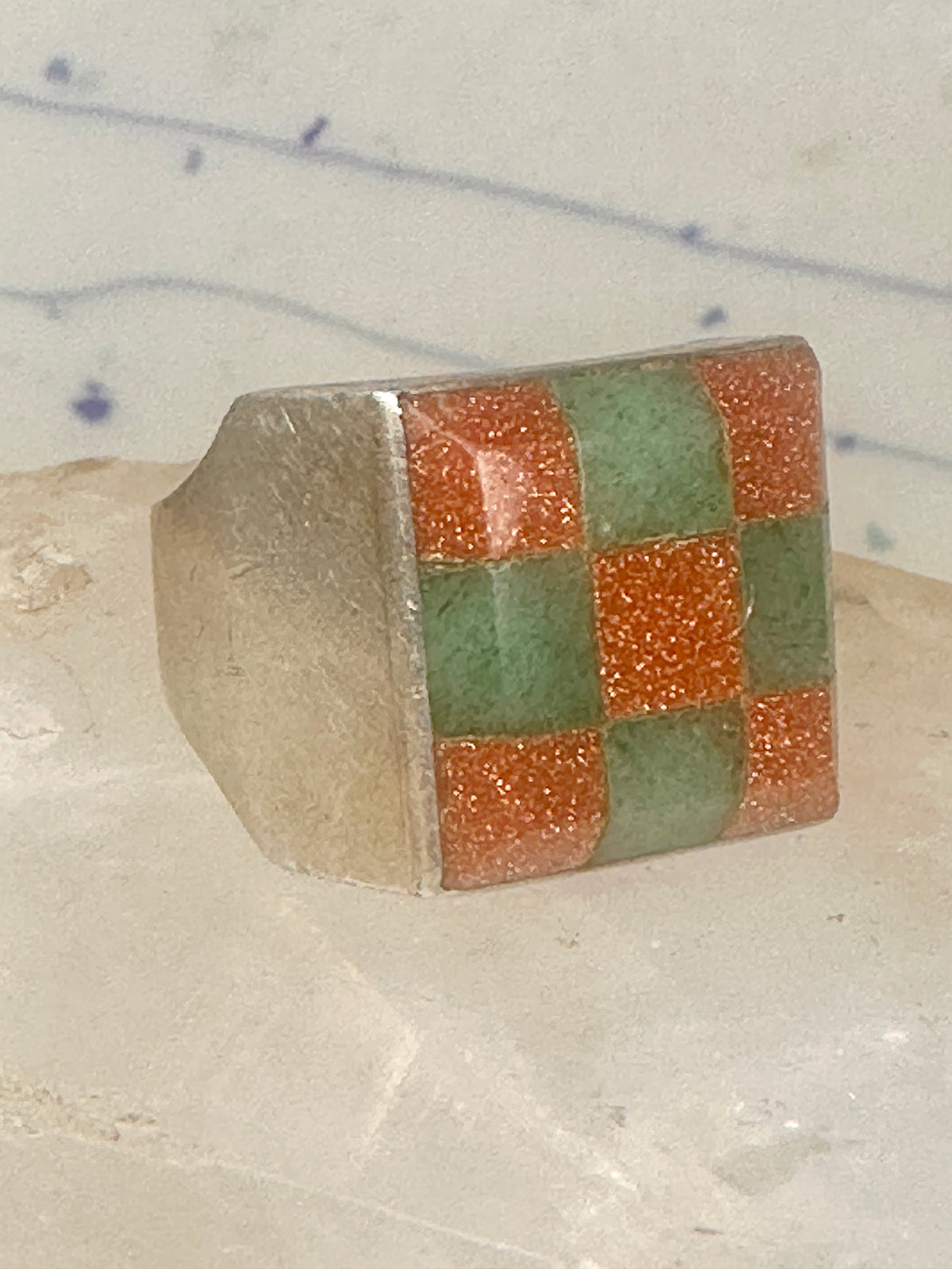 Vintage Southwestern Sterling Silver Goldstone Green Jade Checkerboard Signet Ring Size 10 925