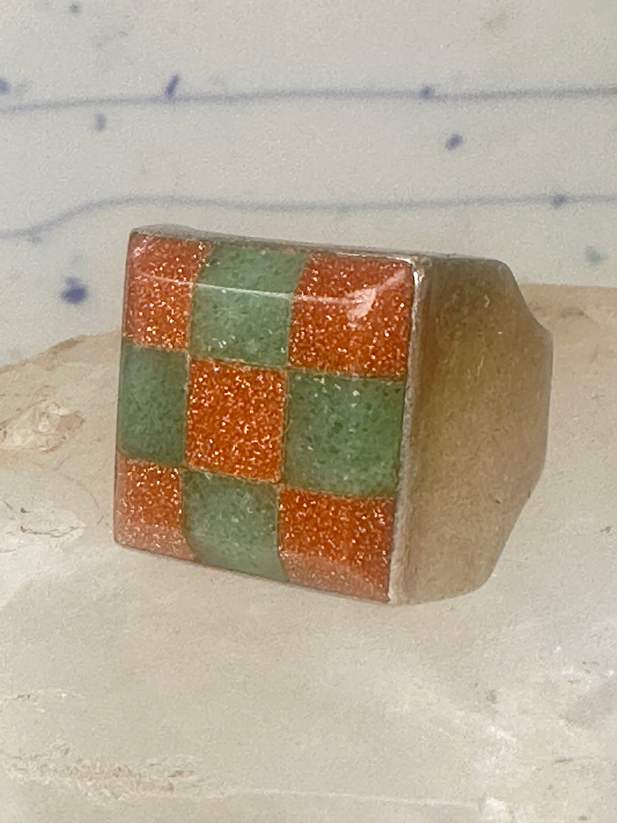 Vintage Southwestern Sterling Silver Goldstone Green Jade Checkerboard Signet Ring Size 10 925