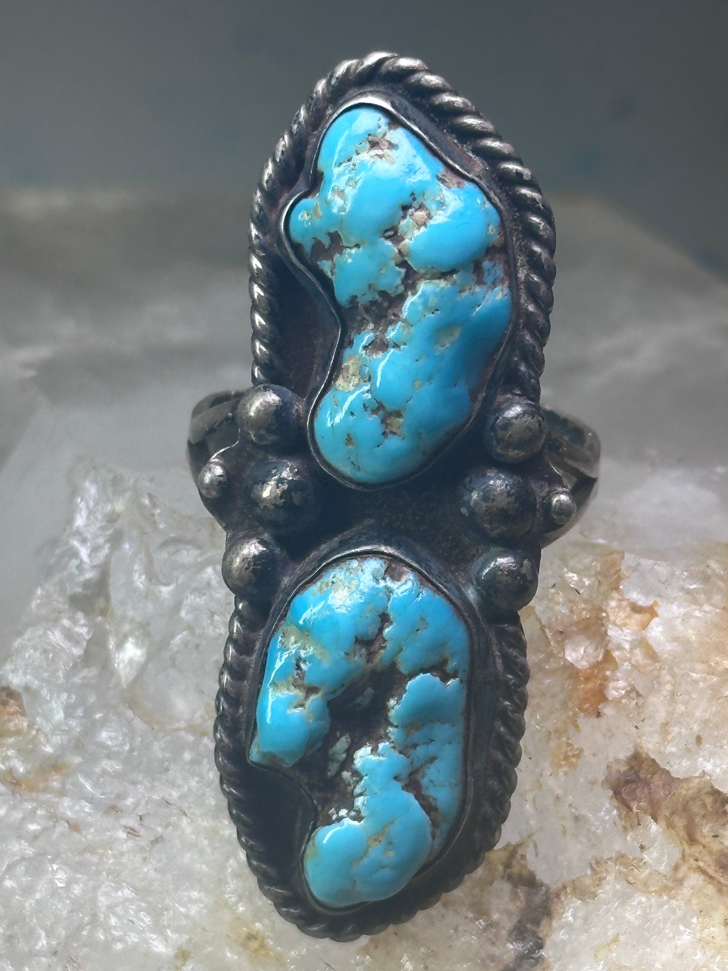 Long Turquoise ring Navajo Vintage size 11.50 sterling silver women