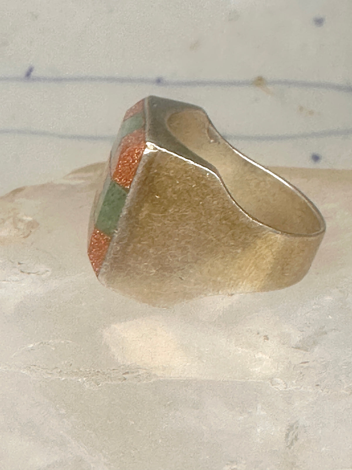 Vintage Southwestern Sterling Silver Goldstone Green Jade Checkerboard Signet Ring Size 10 925