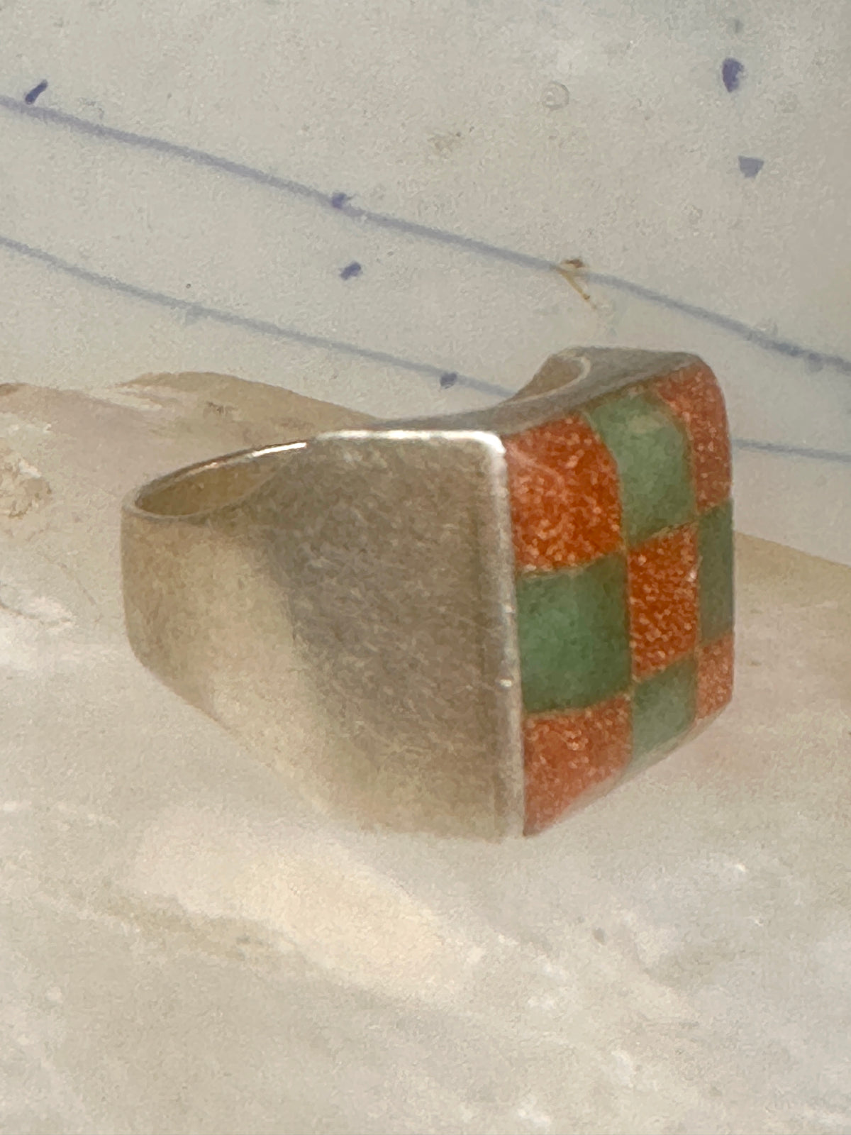 Vintage Southwestern Sterling Silver Goldstone Green Jade Checkerboard Signet Ring Size 10 925