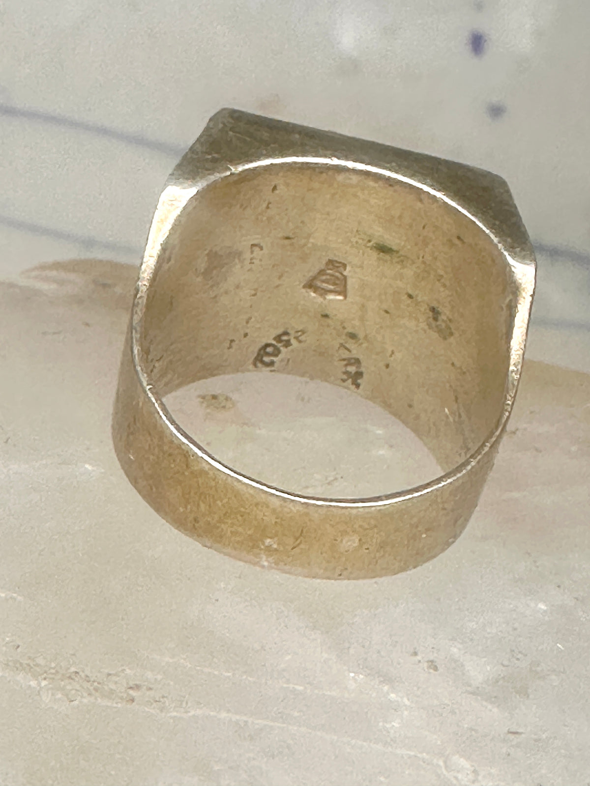 Vintage Southwestern Sterling Silver Goldstone Green Jade Checkerboard Signet Ring Size 10 925