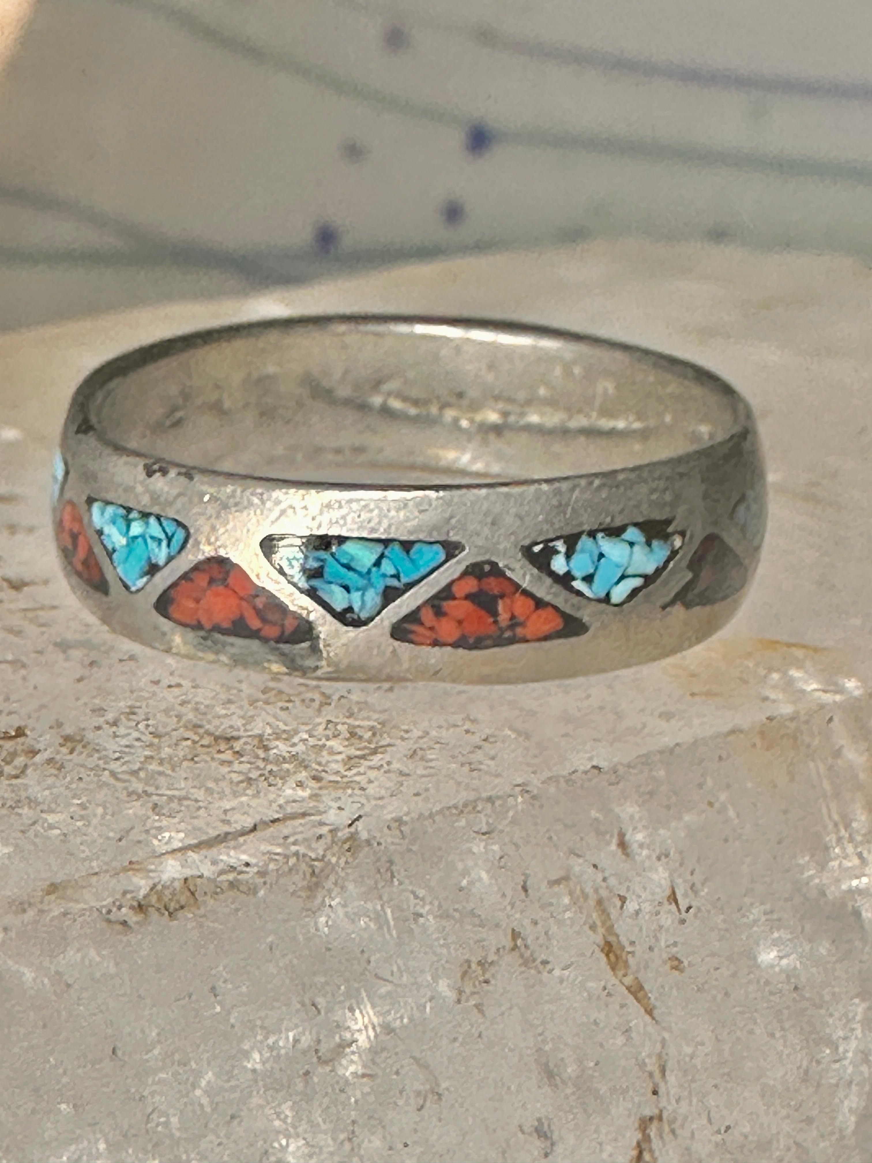 Vintage Zuni Turquoise Coral Chip Wedding Band Ring Sterling