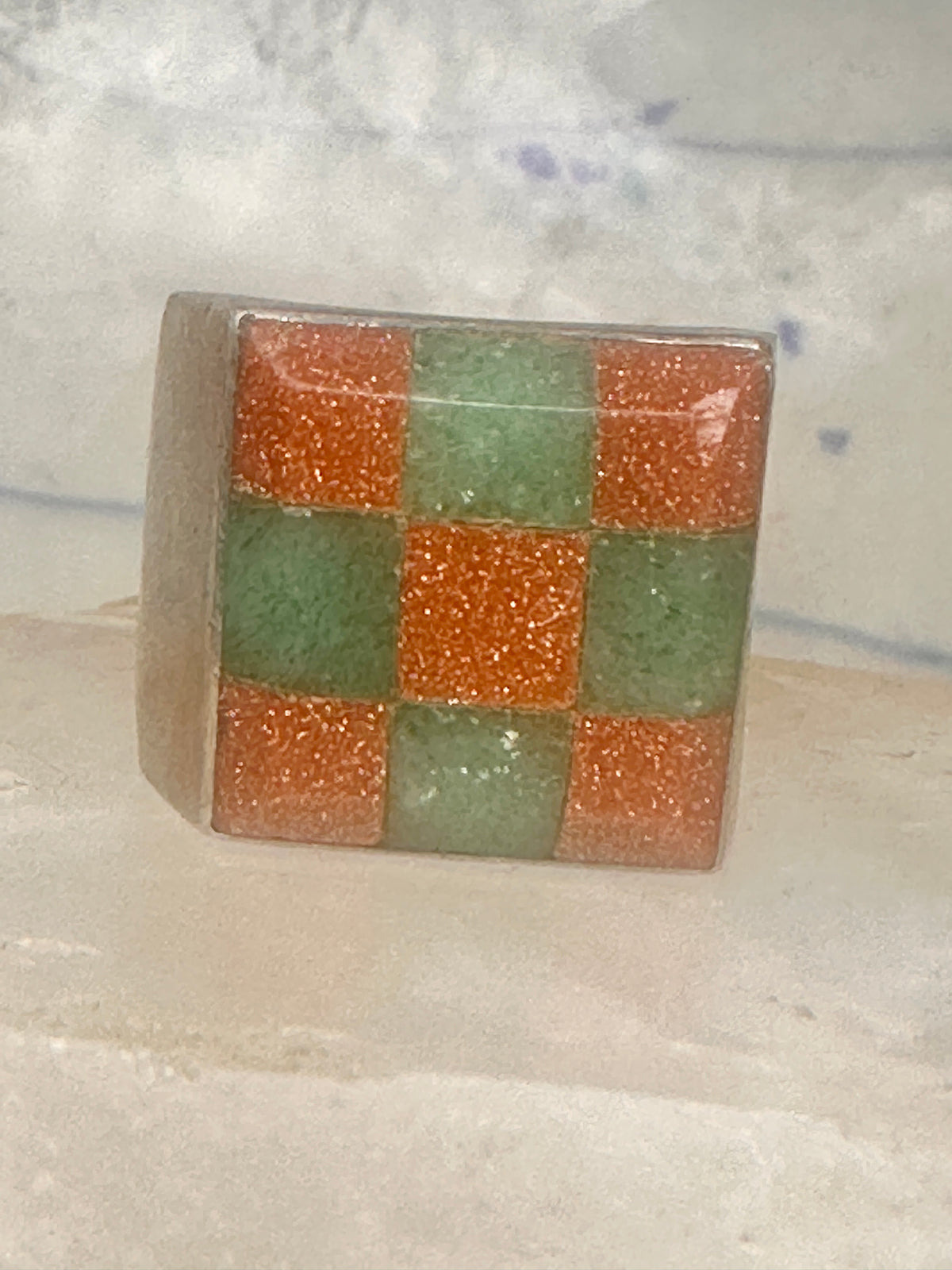 Vintage Southwestern Sterling Silver Goldstone Green Jade Checkerboard Signet Ring Size 10 925