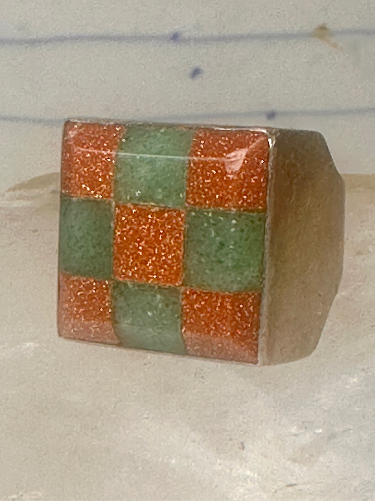 Vintage Southwestern Sterling Silver Goldstone Green Jade Checkerboard Signet Ring Size 10 925