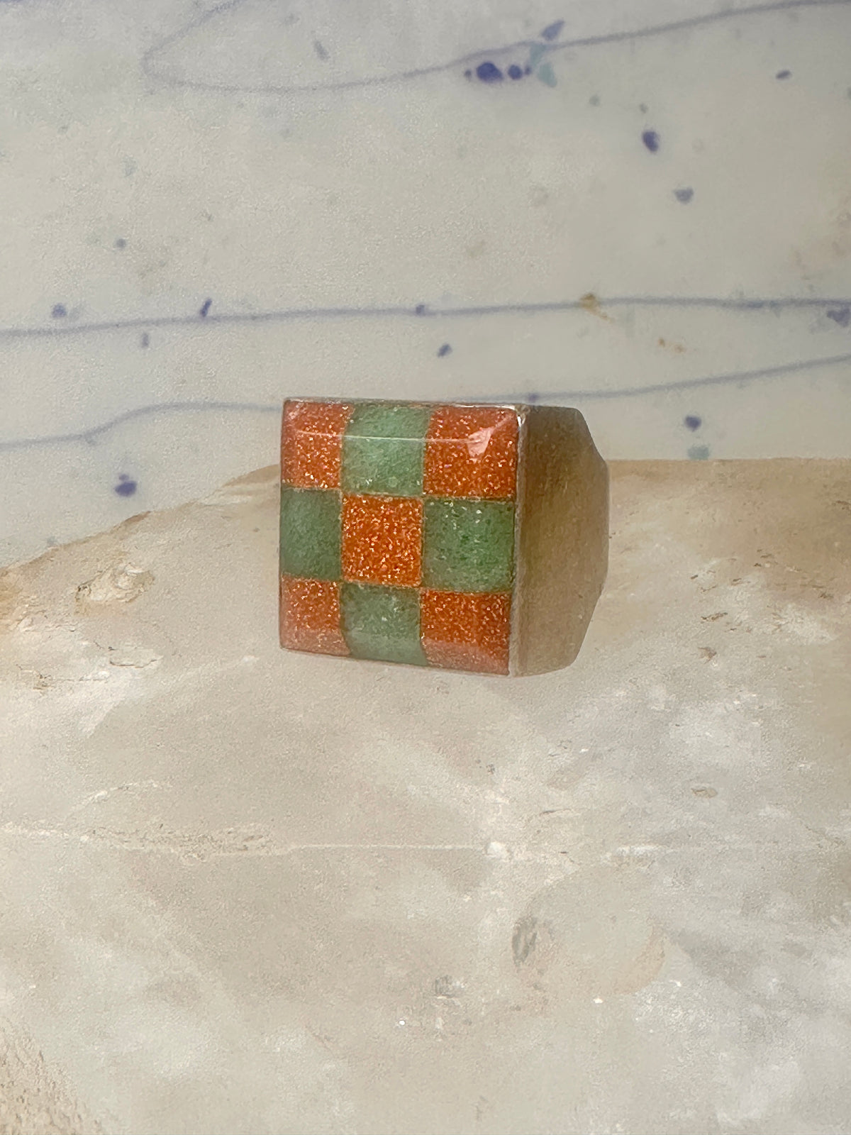 Vintage Southwestern Sterling Silver Goldstone Green Jade Checkerboard Signet Ring Size 10 925