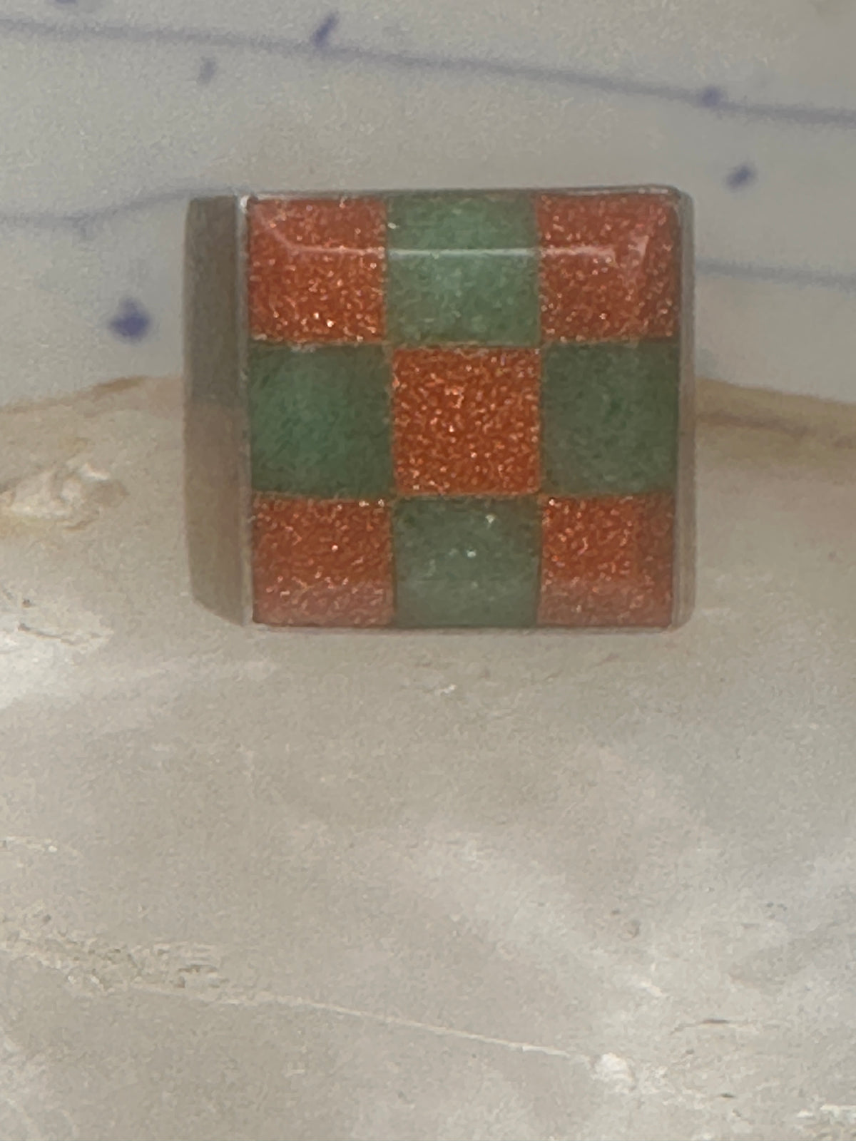 Vintage Southwestern Sterling Silver Goldstone Green Jade Checkerboard Signet Ring Size 10 925