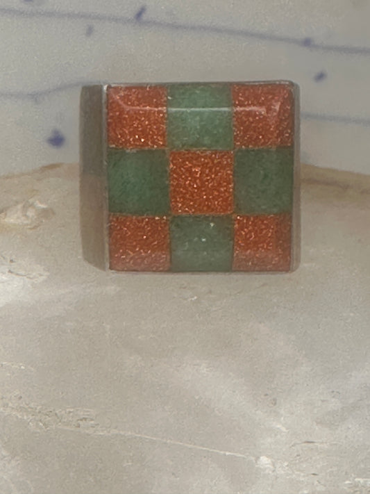 Vintage Southwestern Sterling Silver Goldstone Green Jade Checkerboard Signet Ring Size 10 925