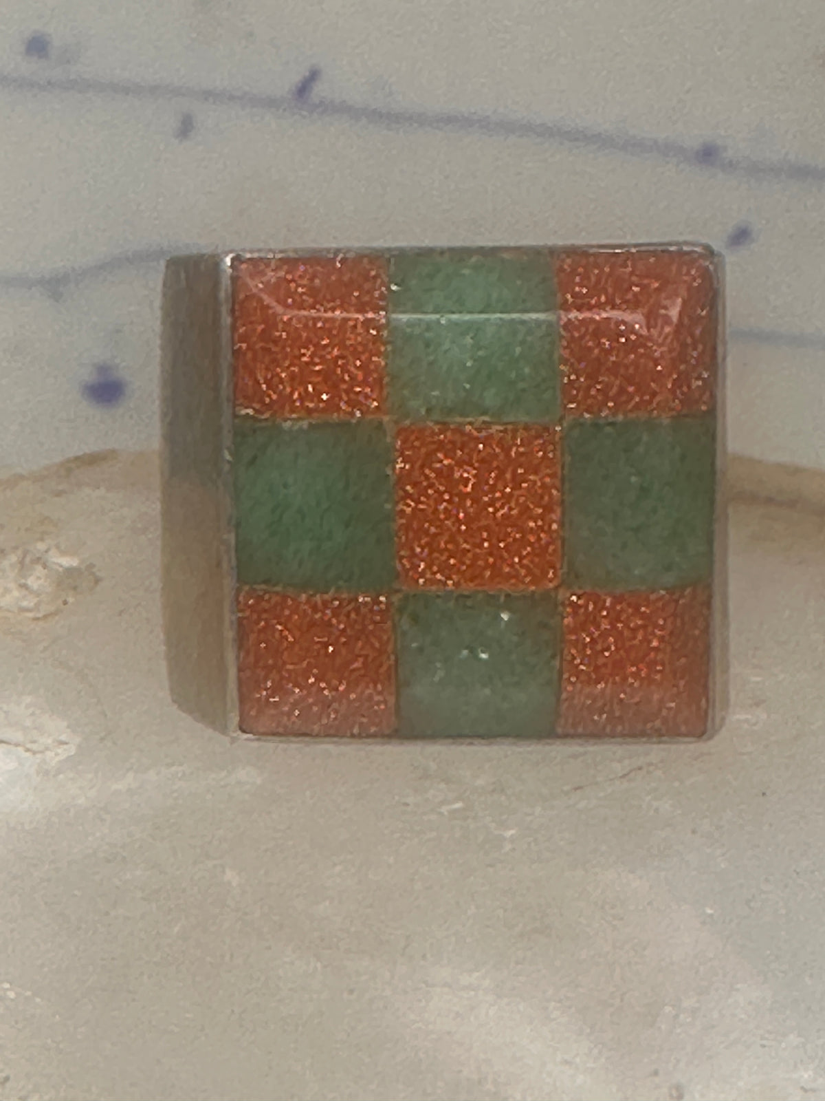 Vintage Southwestern Sterling Silver Goldstone Green Jade Checkerboard Signet Ring Size 10 925