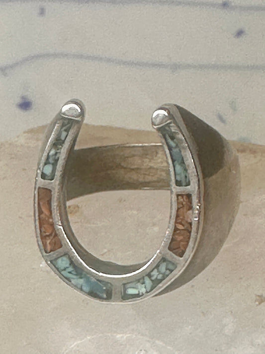 Vintage Southwestern Sterling Silver Turquoise Coral Chip Inlay Horseshoe Ring Size 10.50 925