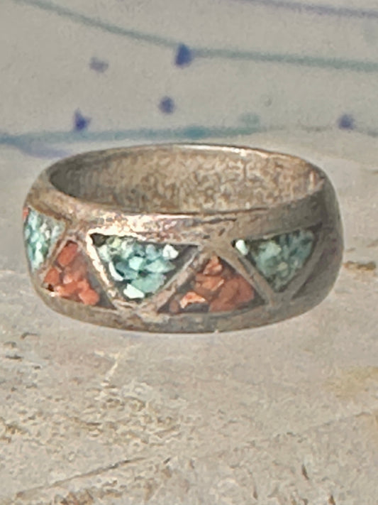 Vintage Zuni band turquoise coral size 6.5 sterling silver women men AS IS