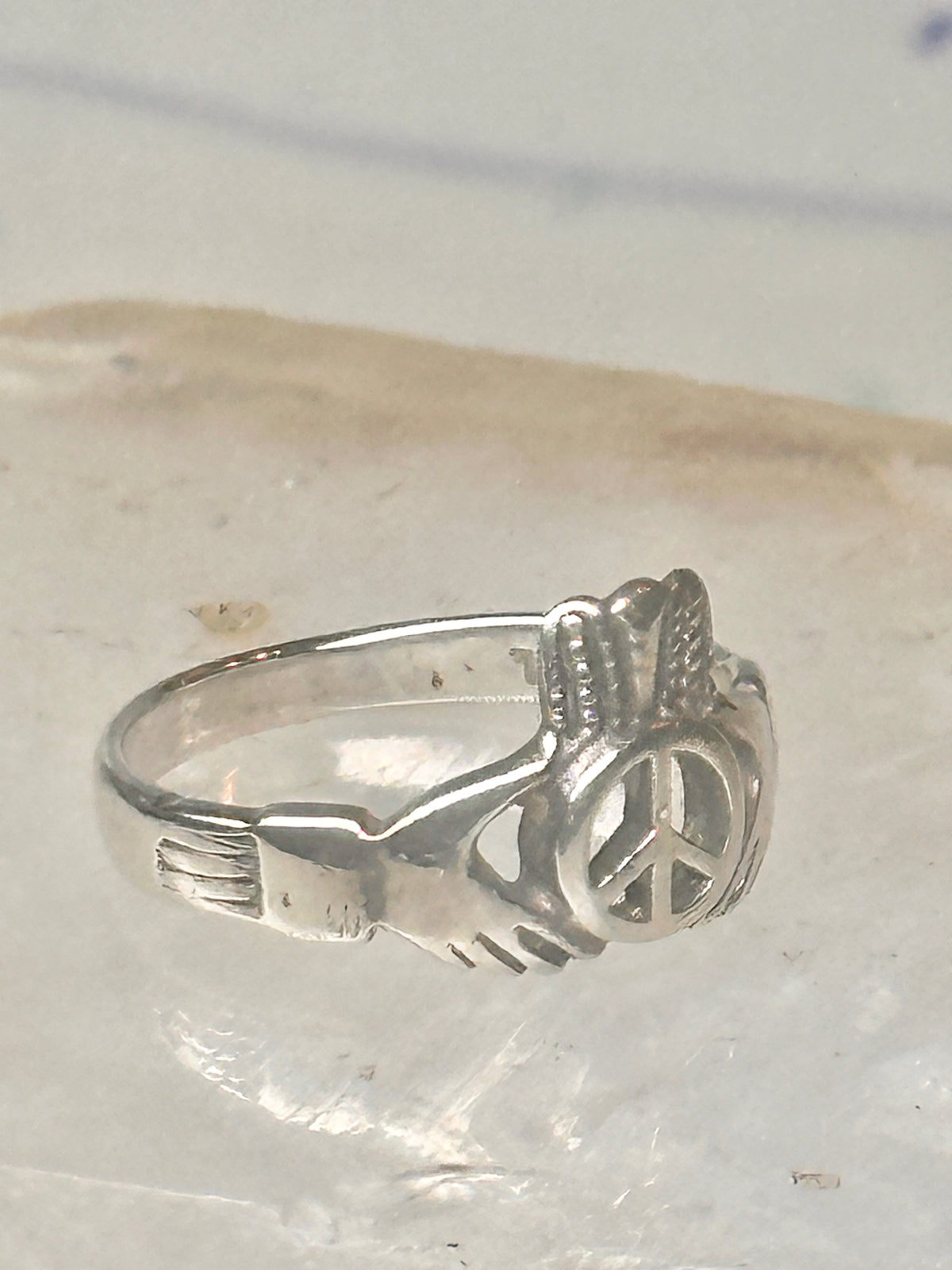 Vintage Irish Claddagh Peace Sign Crown Ring Slender Band Sterling Silver Size 5.75 925