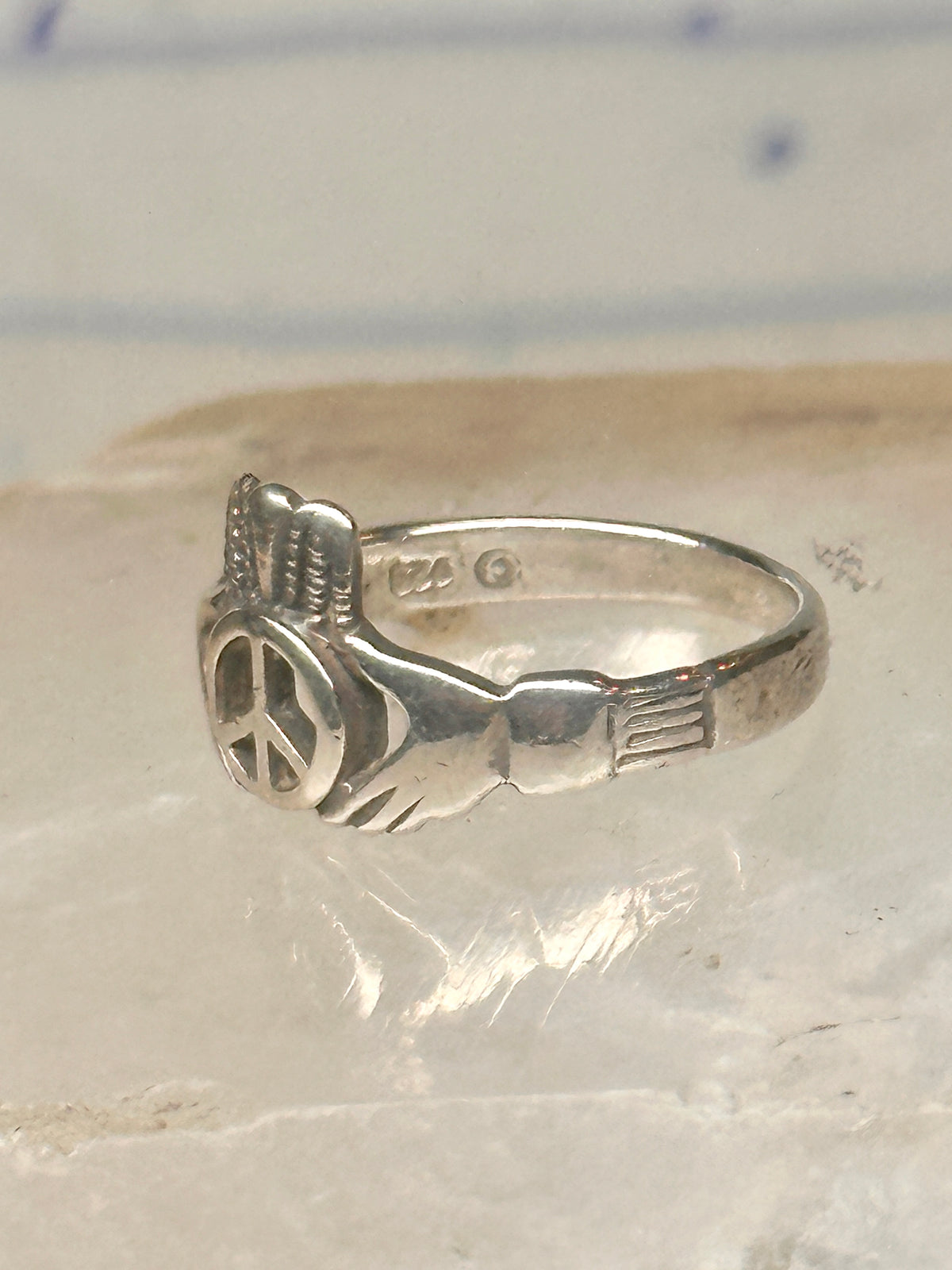 Vintage Irish Claddagh Peace Sign Crown Ring Slender Band Sterling Silver Size 5.75 925