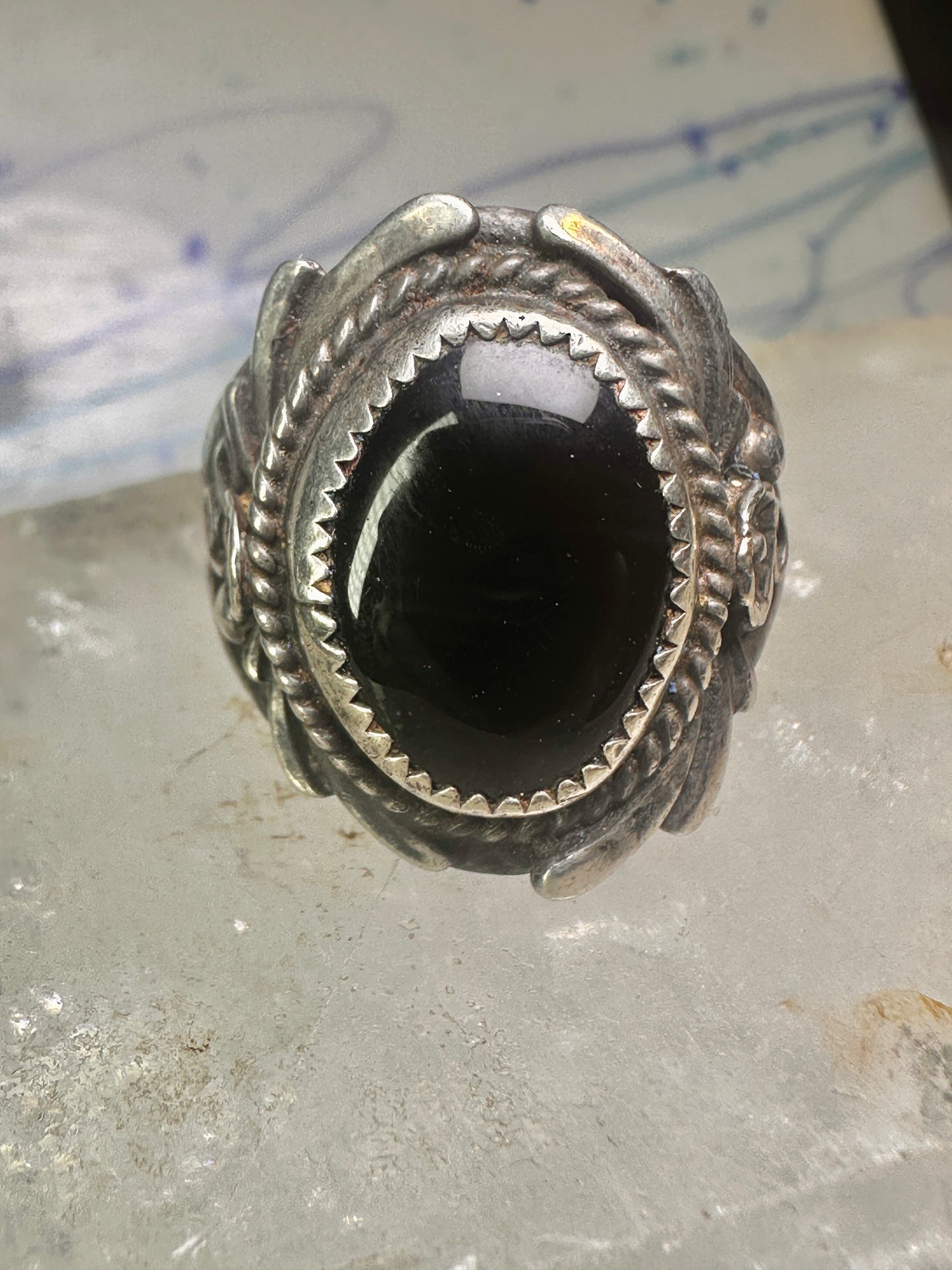 Navajo ring onyx ring leaves size 12.75 sterling silver women men