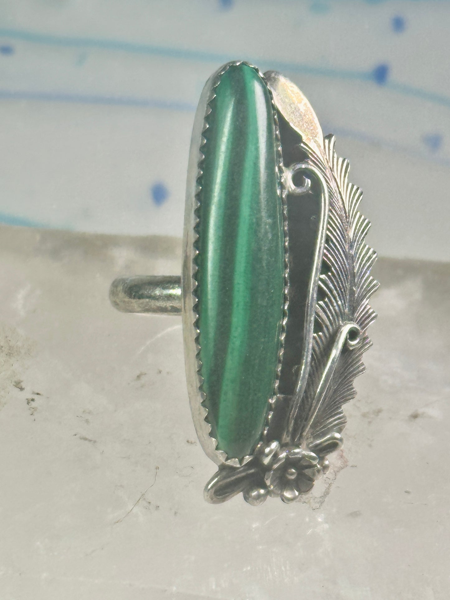 Navajo Long Malachite ring Peterson Johnson size 9 sterling silver women