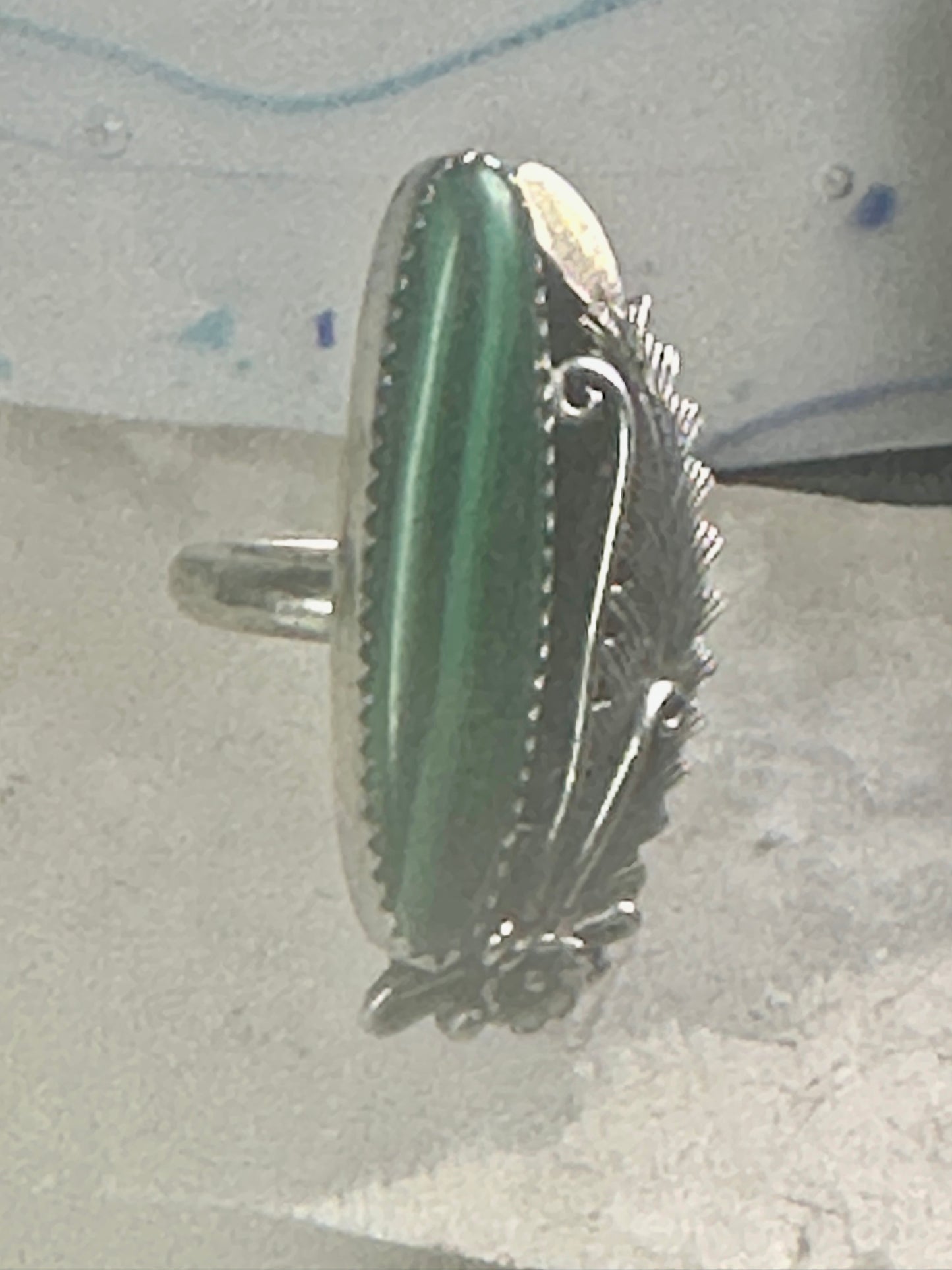 Navajo Long Malachite ring Peterson Johnson size 9 sterling silver women