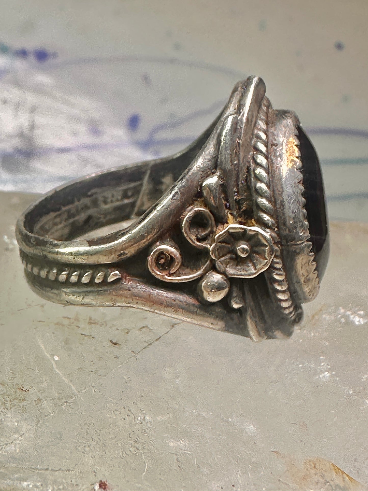 Navajo ring onyx ring leaves size 12.75 sterling silver women men