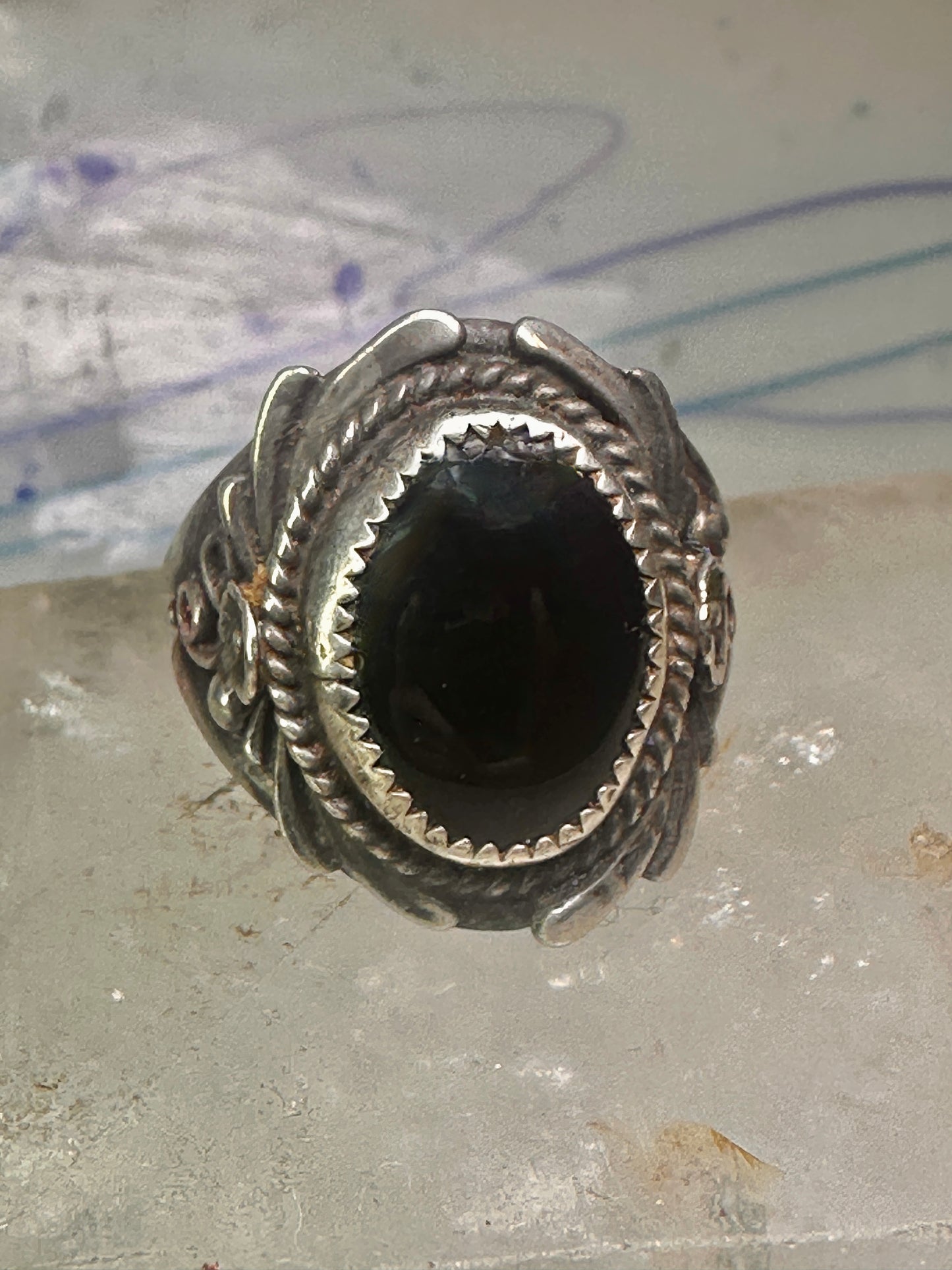 Navajo ring onyx ring leaves size 12.75 sterling silver women men