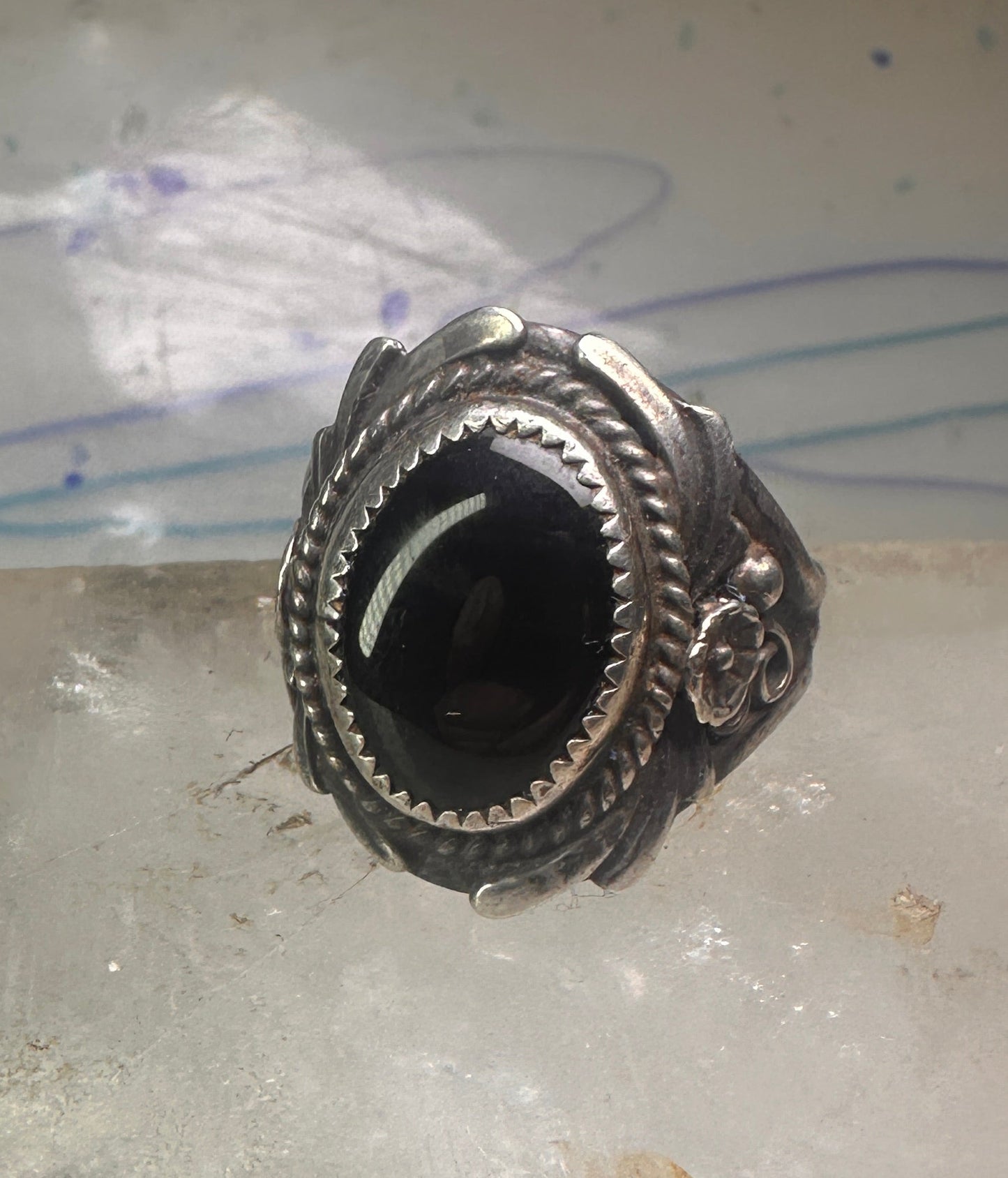 Navajo ring onyx ring leaves size 12.75 sterling silver women men