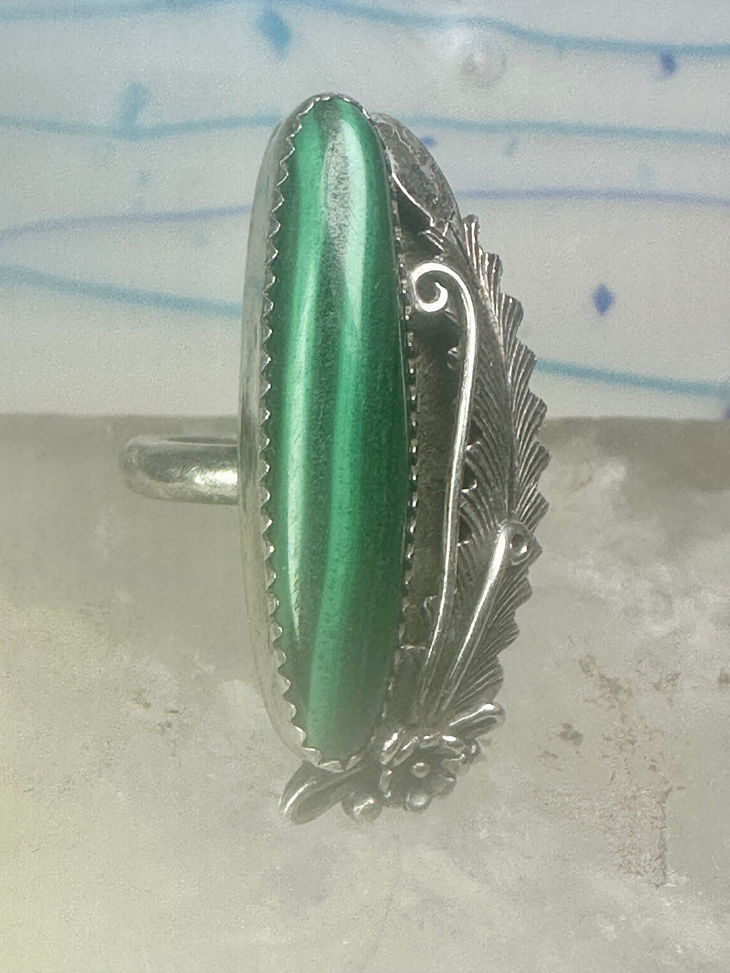 Navajo Long Malachite ring Peterson Johnson size 9 sterling silver women