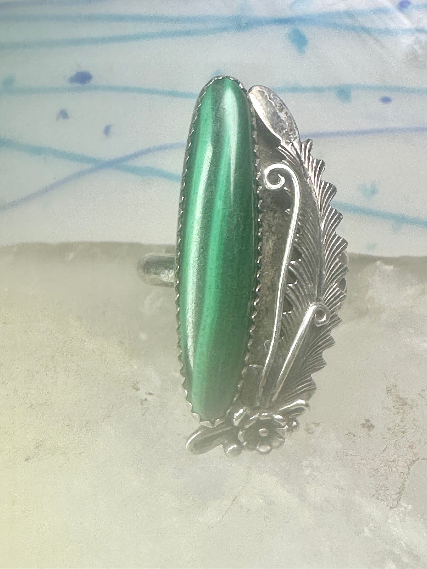 Navajo Long Malachite ring Peterson Johnson size 9 sterling silver women