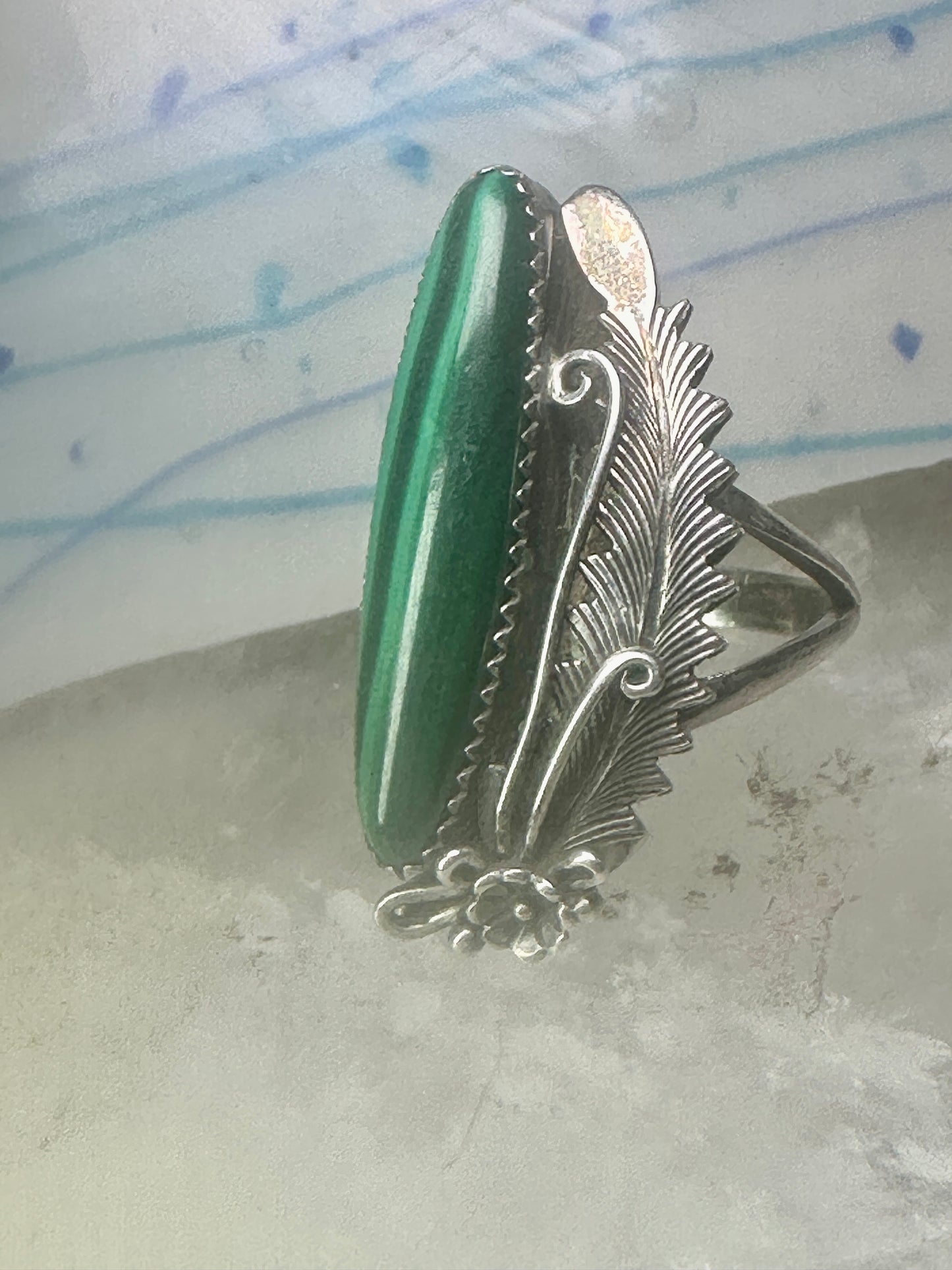 Navajo Long Malachite ring Peterson Johnson size 9 sterling silver women