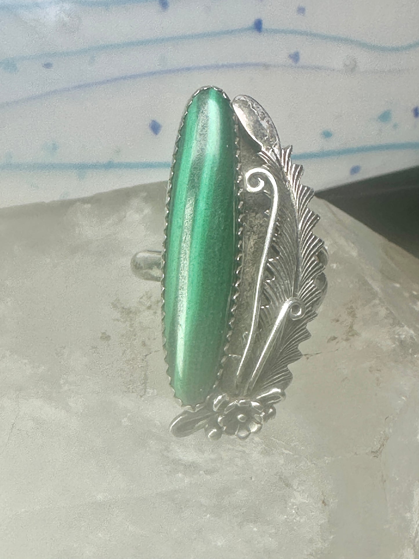 Navajo Long Malachite ring Peterson Johnson size 9 sterling silver women