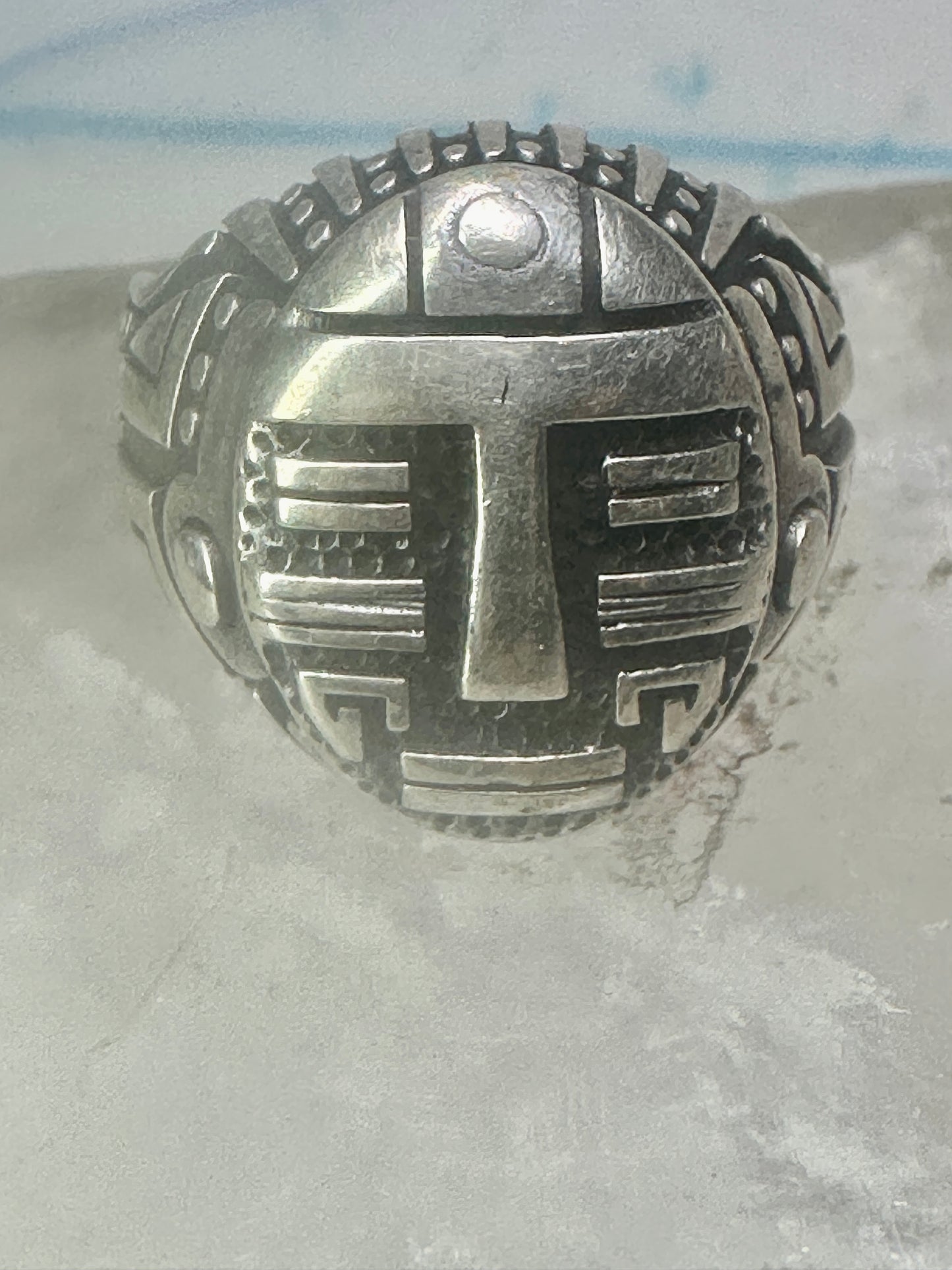 Tribal face ring geometric mask size 10 sterling silver women men
