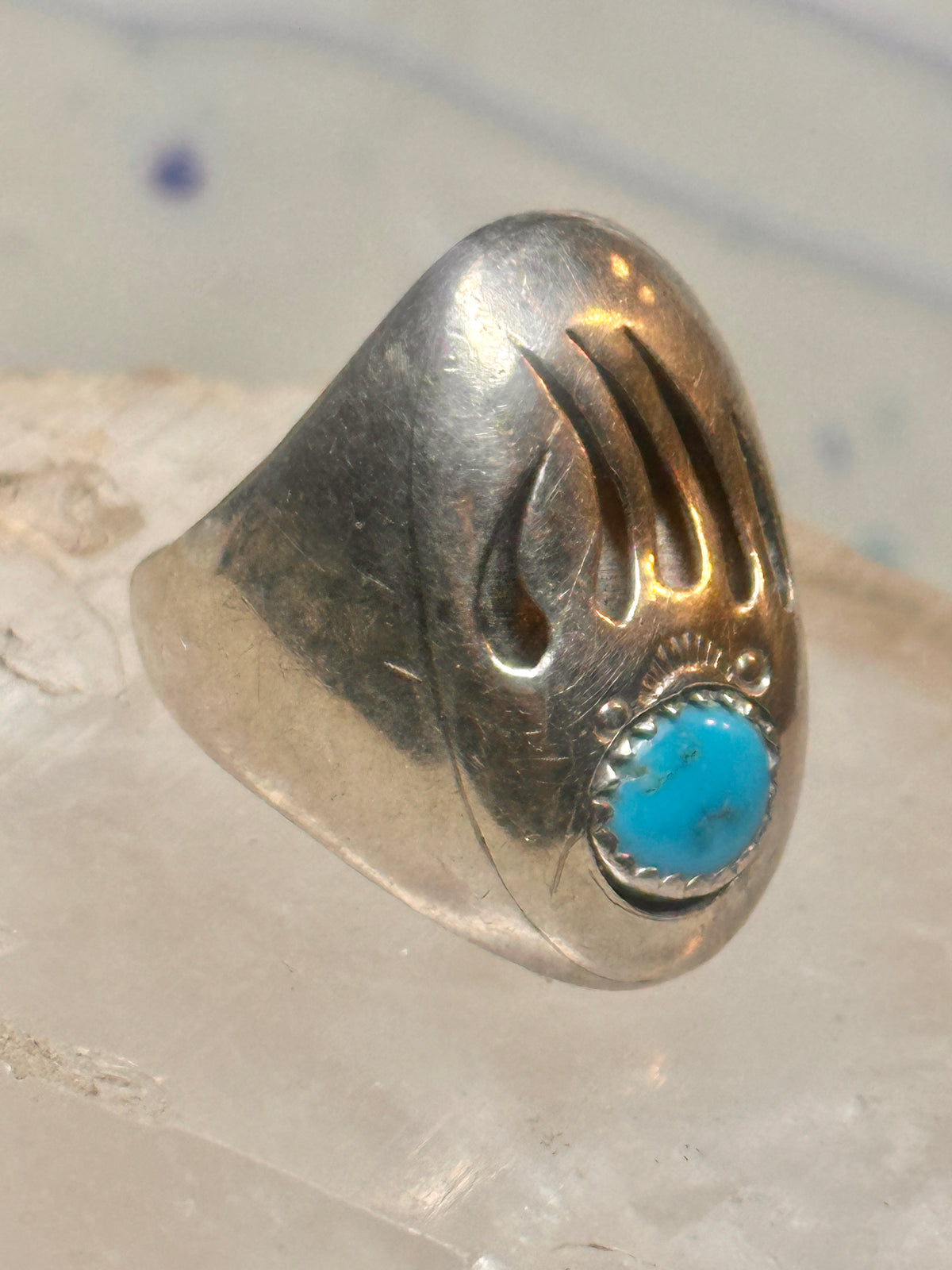 Vintage Navajo Style Sterling Silver Turquoise Bear Paw Shadowbox Ring Size 11 925