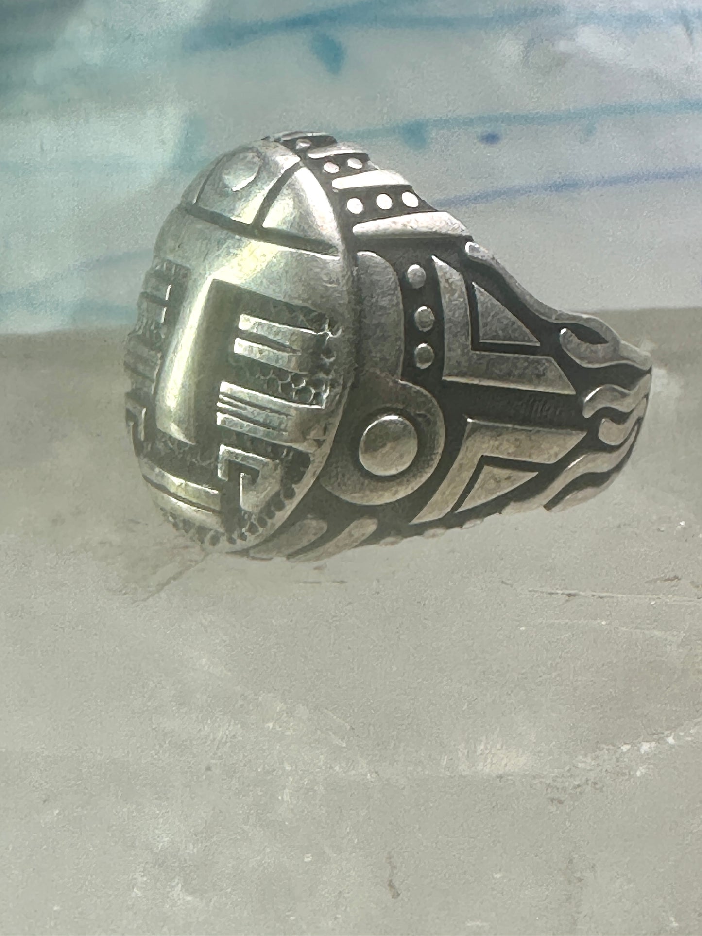 Tribal face ring geometric mask size 10 sterling silver women men
