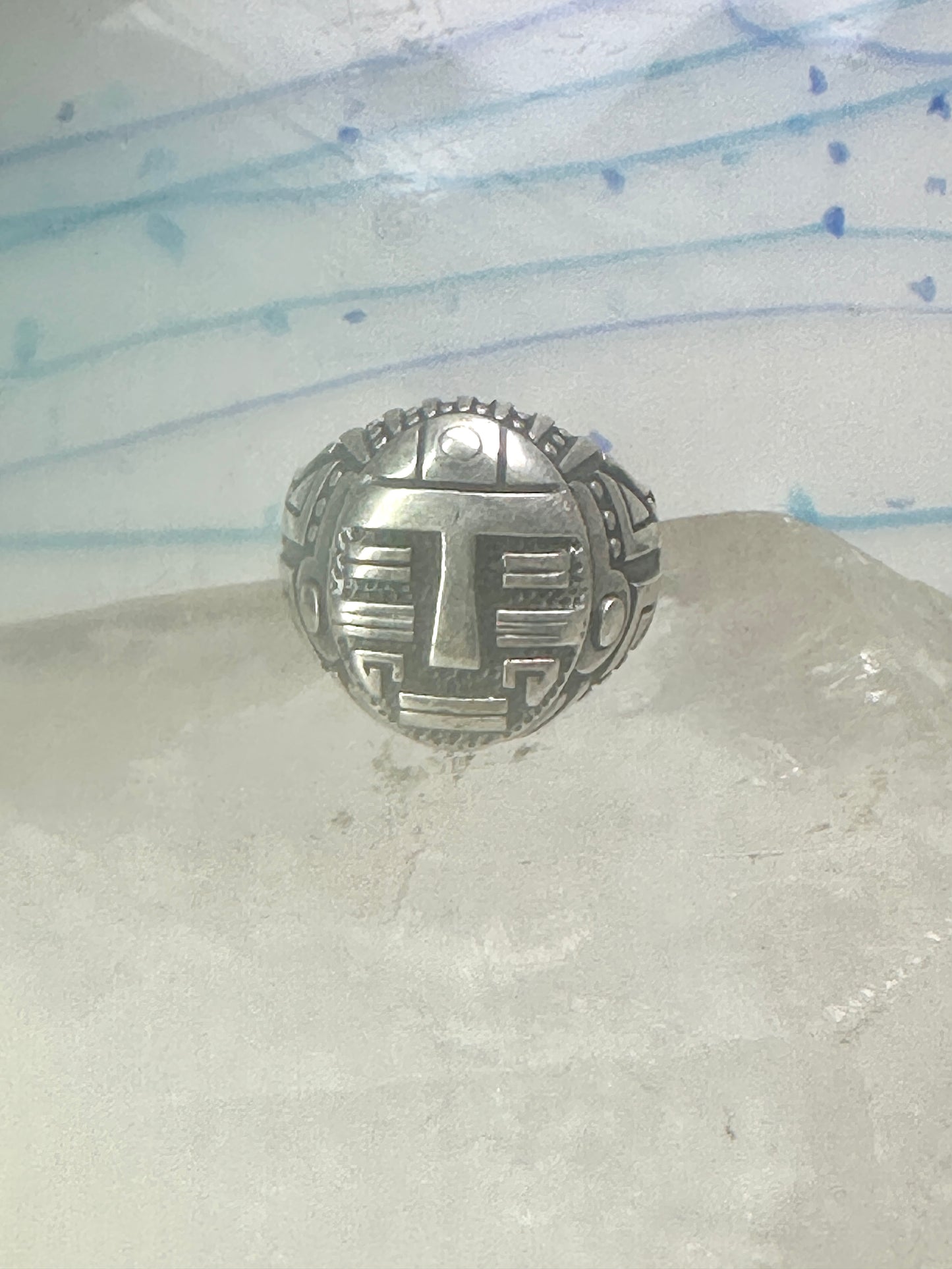 Tribal face ring geometric mask size 10 sterling silver women men