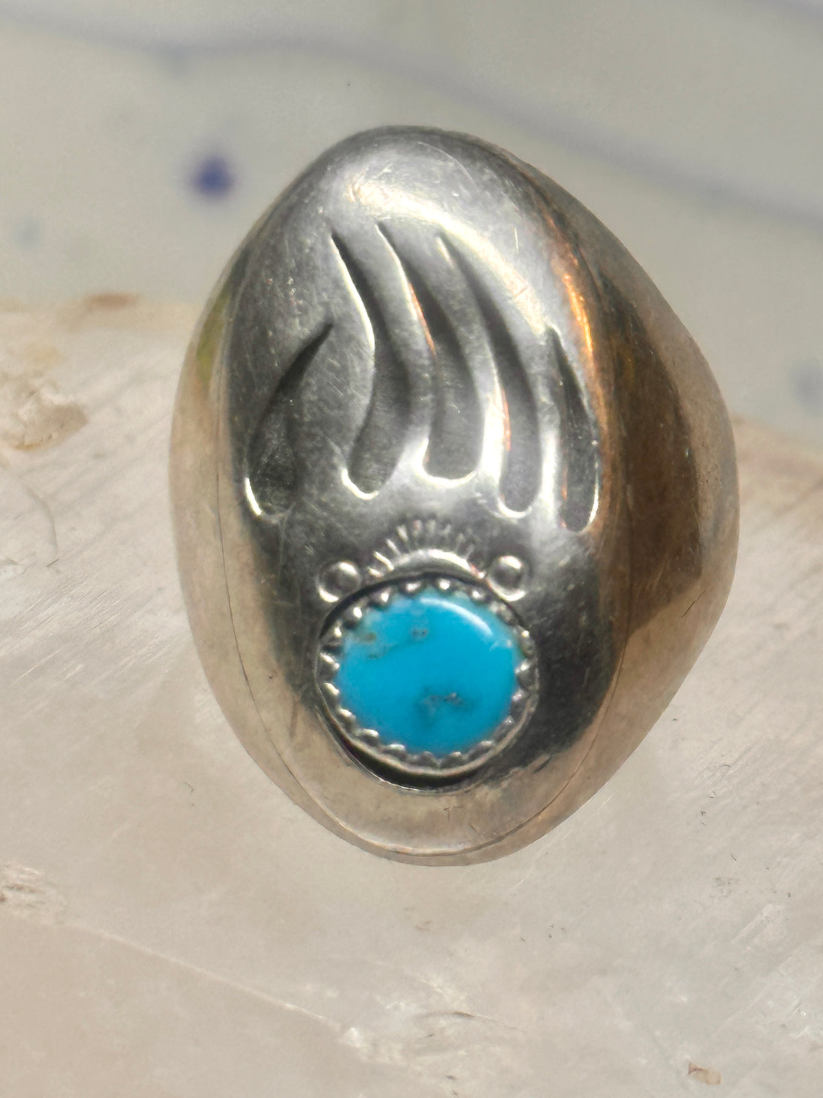 Vintage Navajo Style Sterling Silver Turquoise Bear Paw Shadowbox Ring Size 11 925