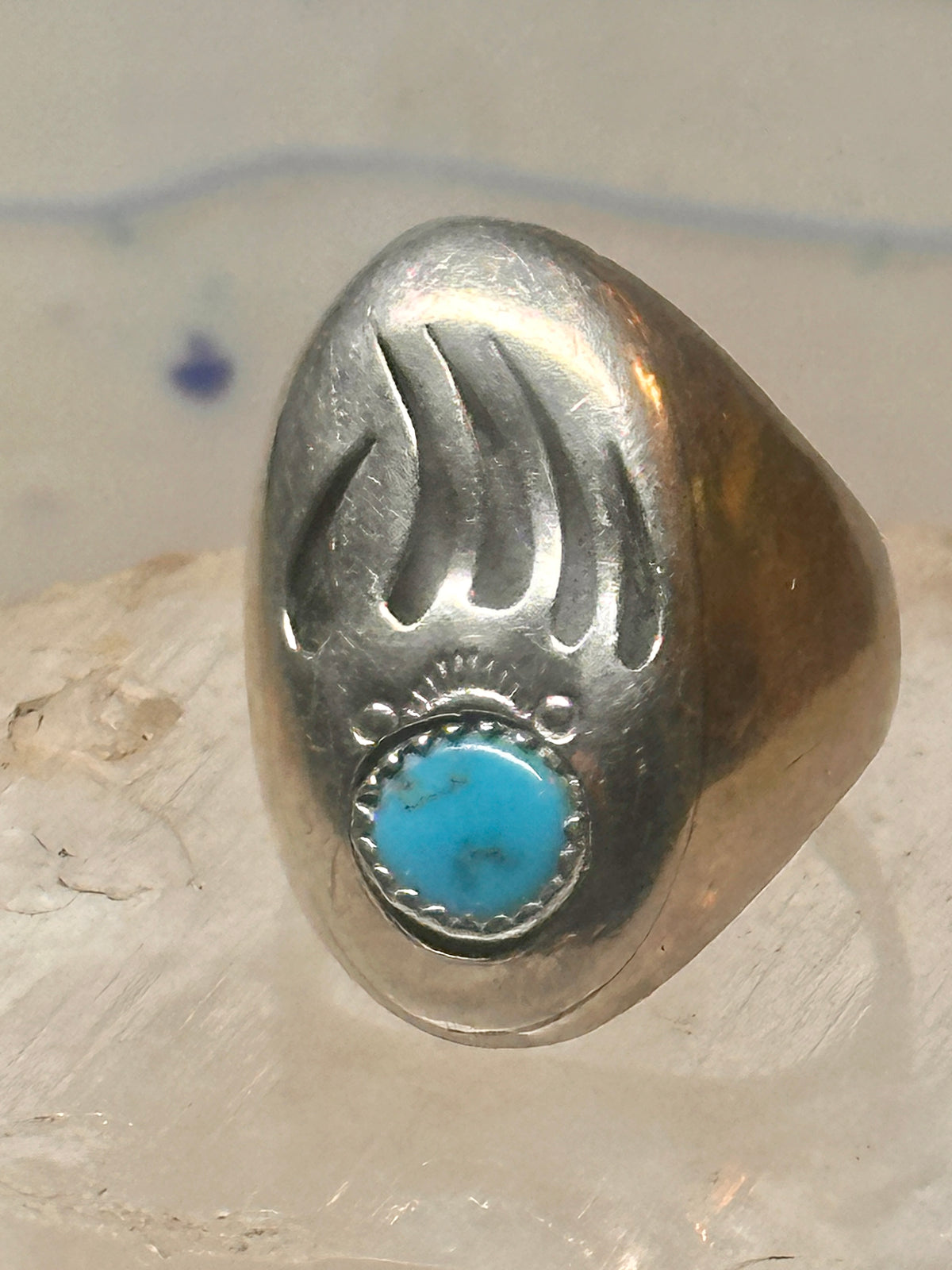 Vintage Navajo Style Sterling Silver Turquoise Bear Paw Shadowbox Ring Size 11 925