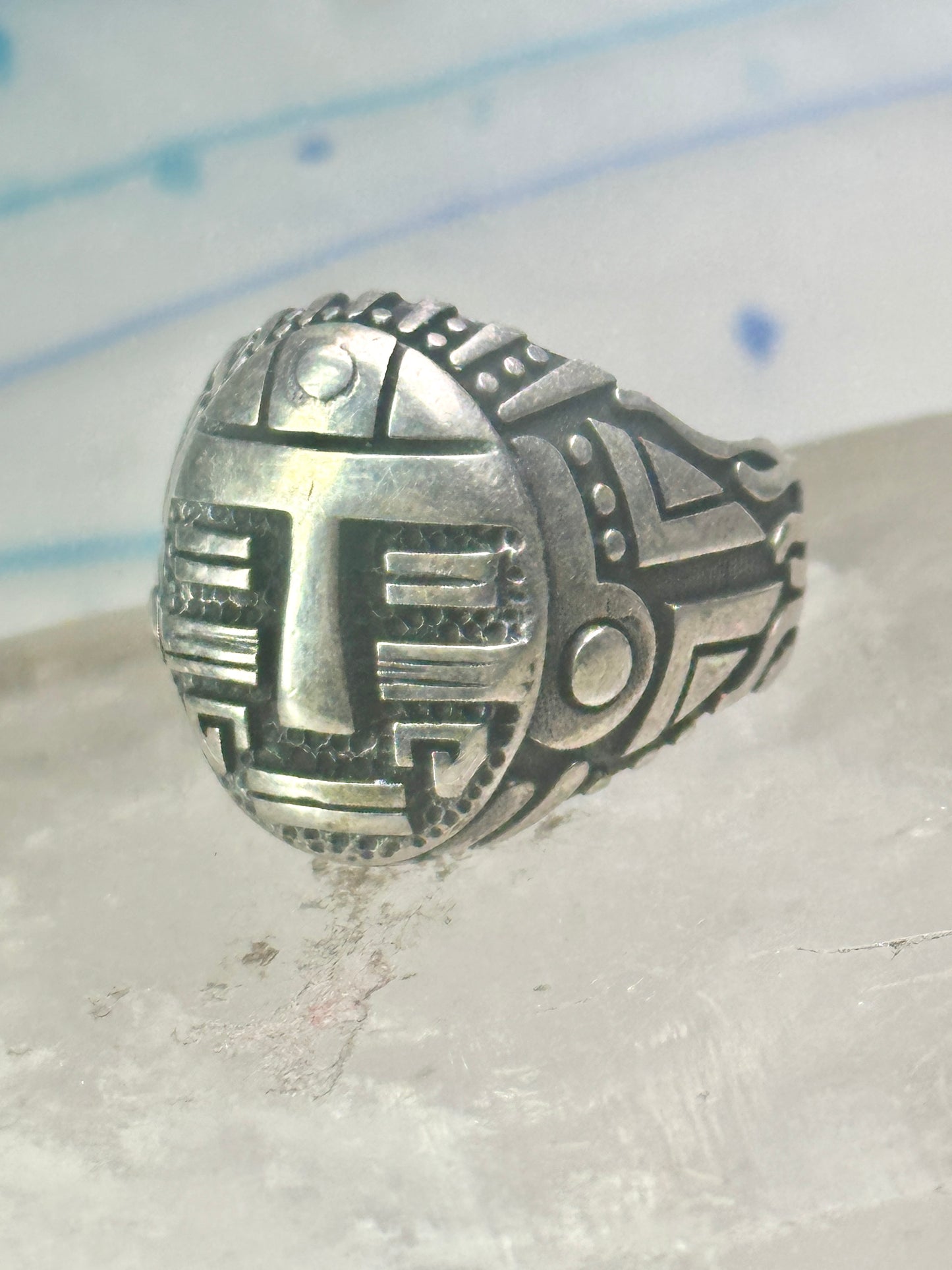 Tribal face ring geometric mask size 10 sterling silver women men