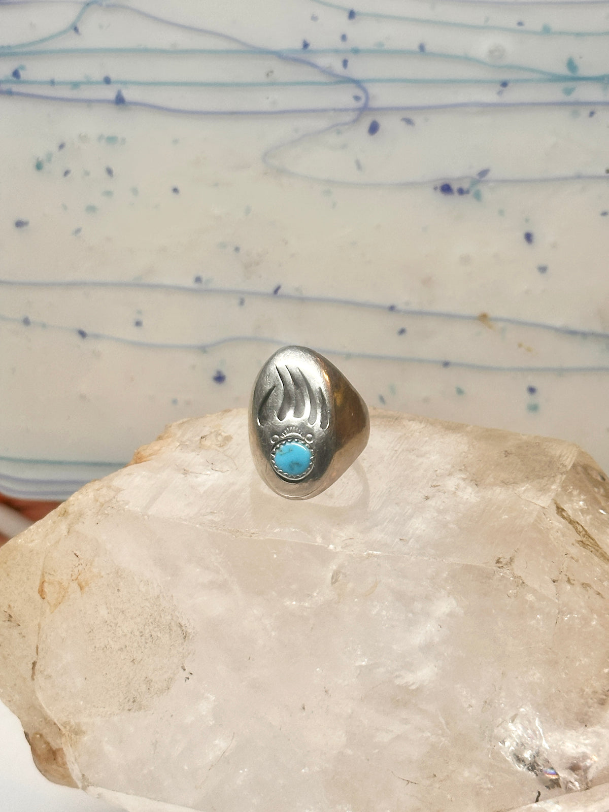 Vintage Navajo Style Sterling Silver Turquoise Bear Paw Shadowbox Ring Size 11 925