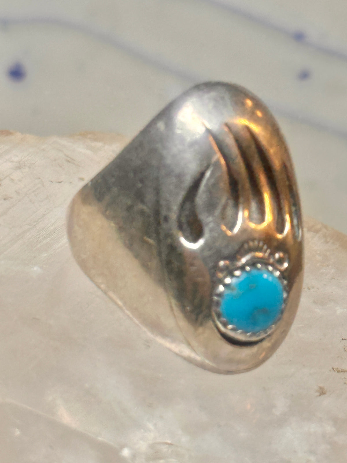 Vintage Navajo Style Sterling Silver Turquoise Bear Paw Shadowbox Ring Size 11 925