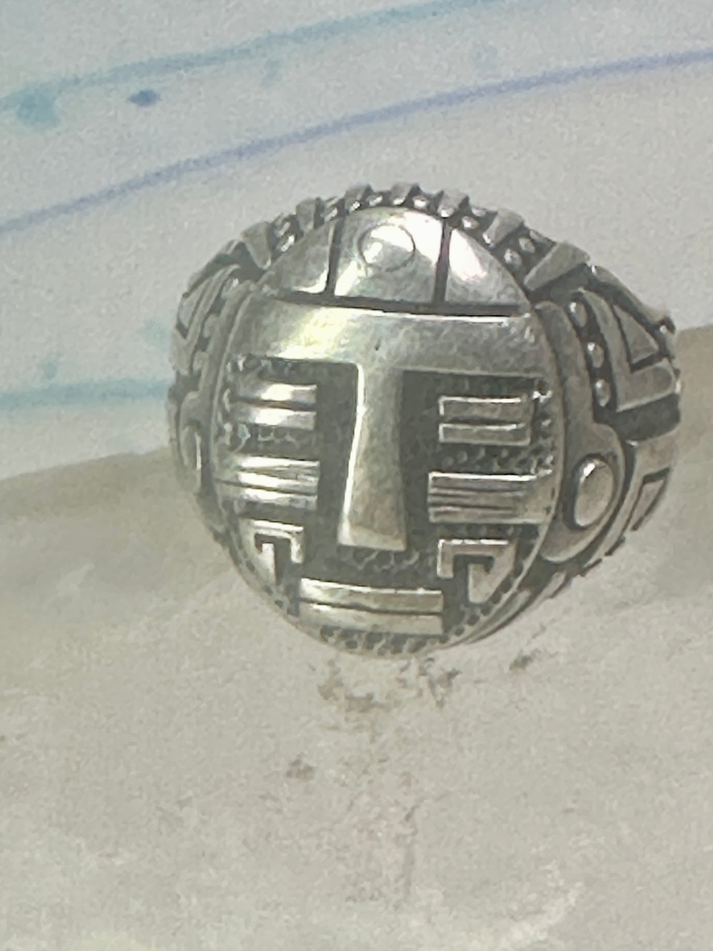 Tribal face ring geometric mask size 10 sterling silver women men