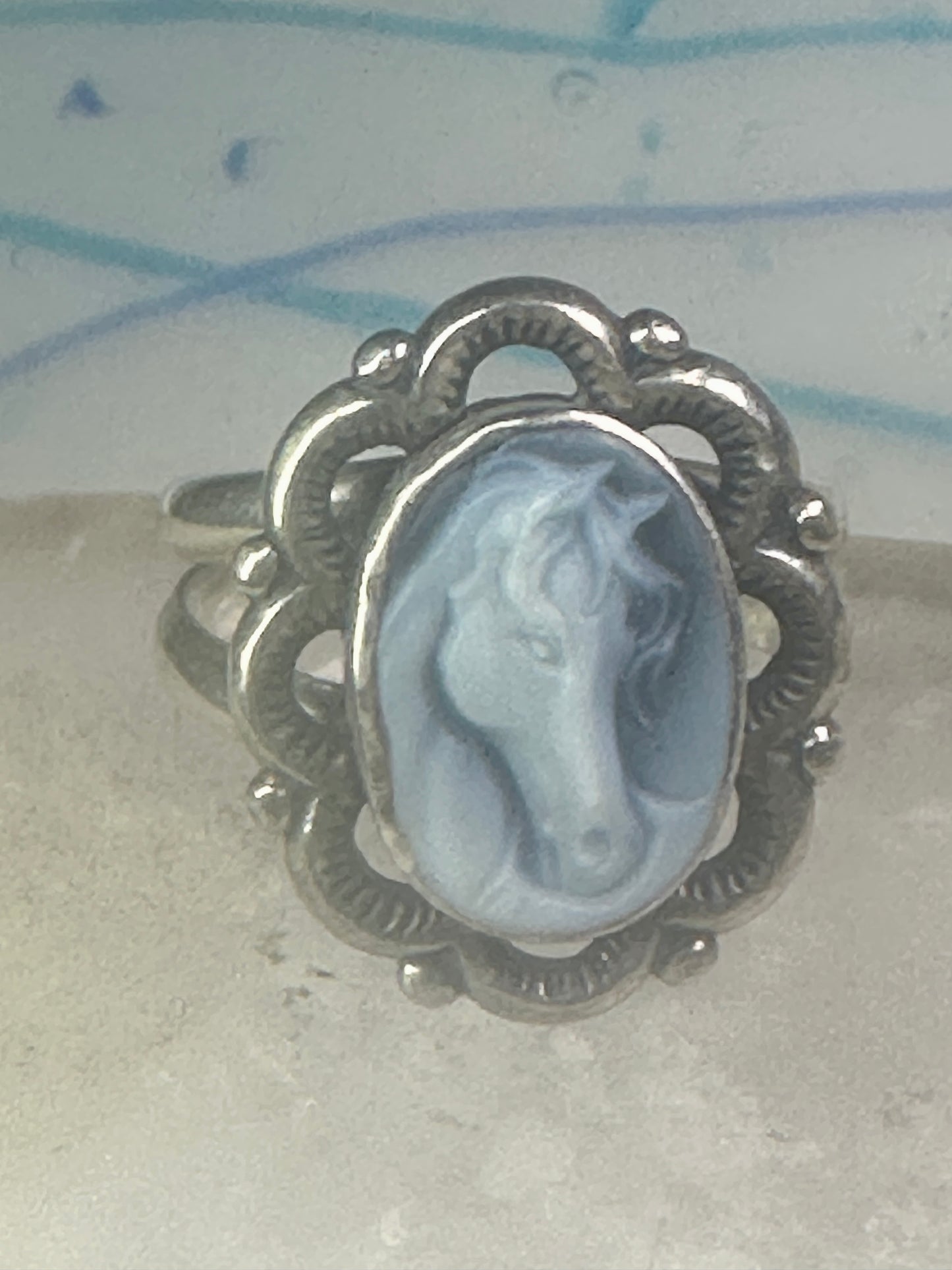 Horse face ring shell cowgirl size 7.75 sterling silver women signed QT